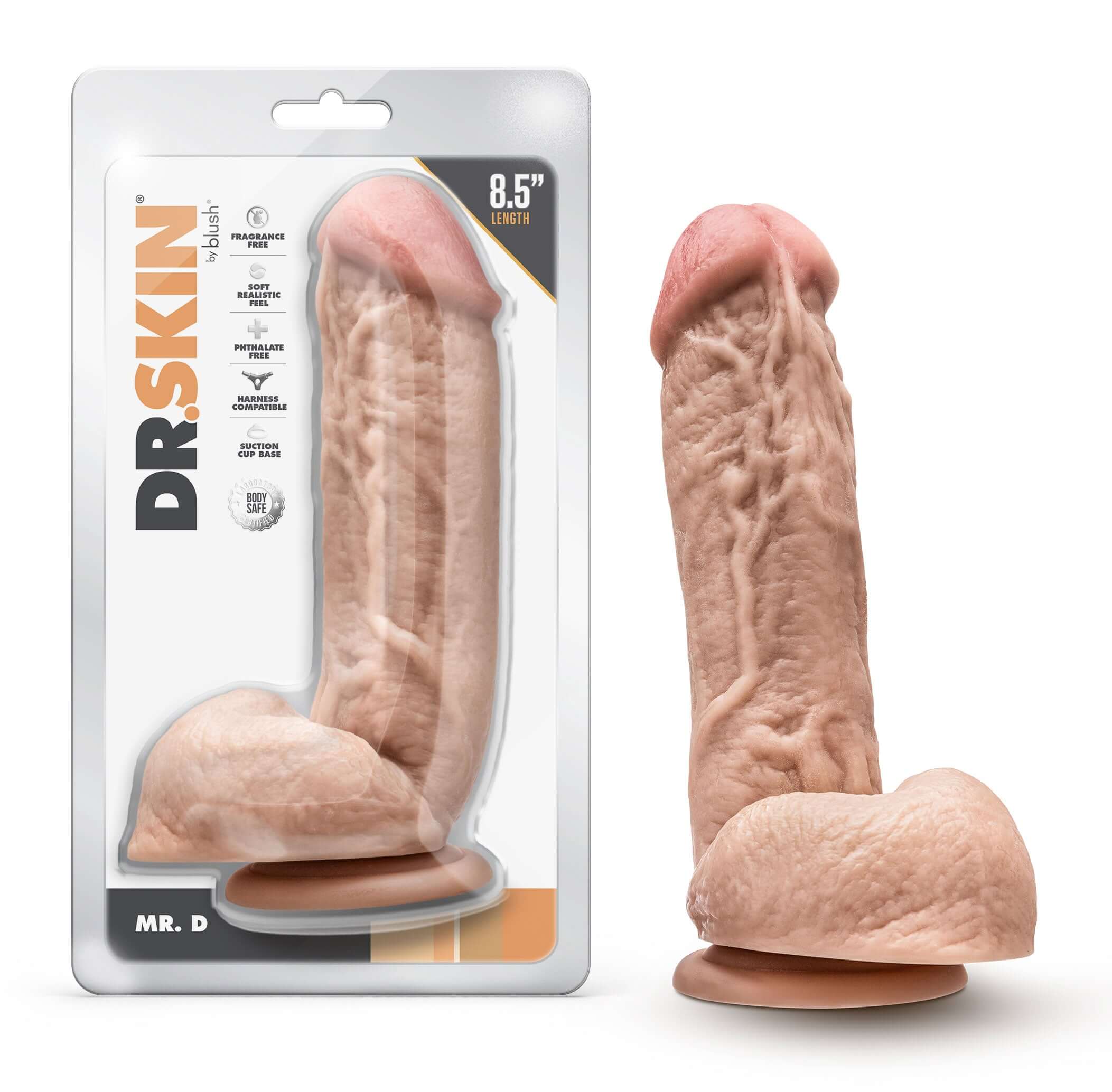 Dr. Skin Mr. D 8.5 Inch Dildo With Balls - Beige realistic dildo with suction cup base and packaging