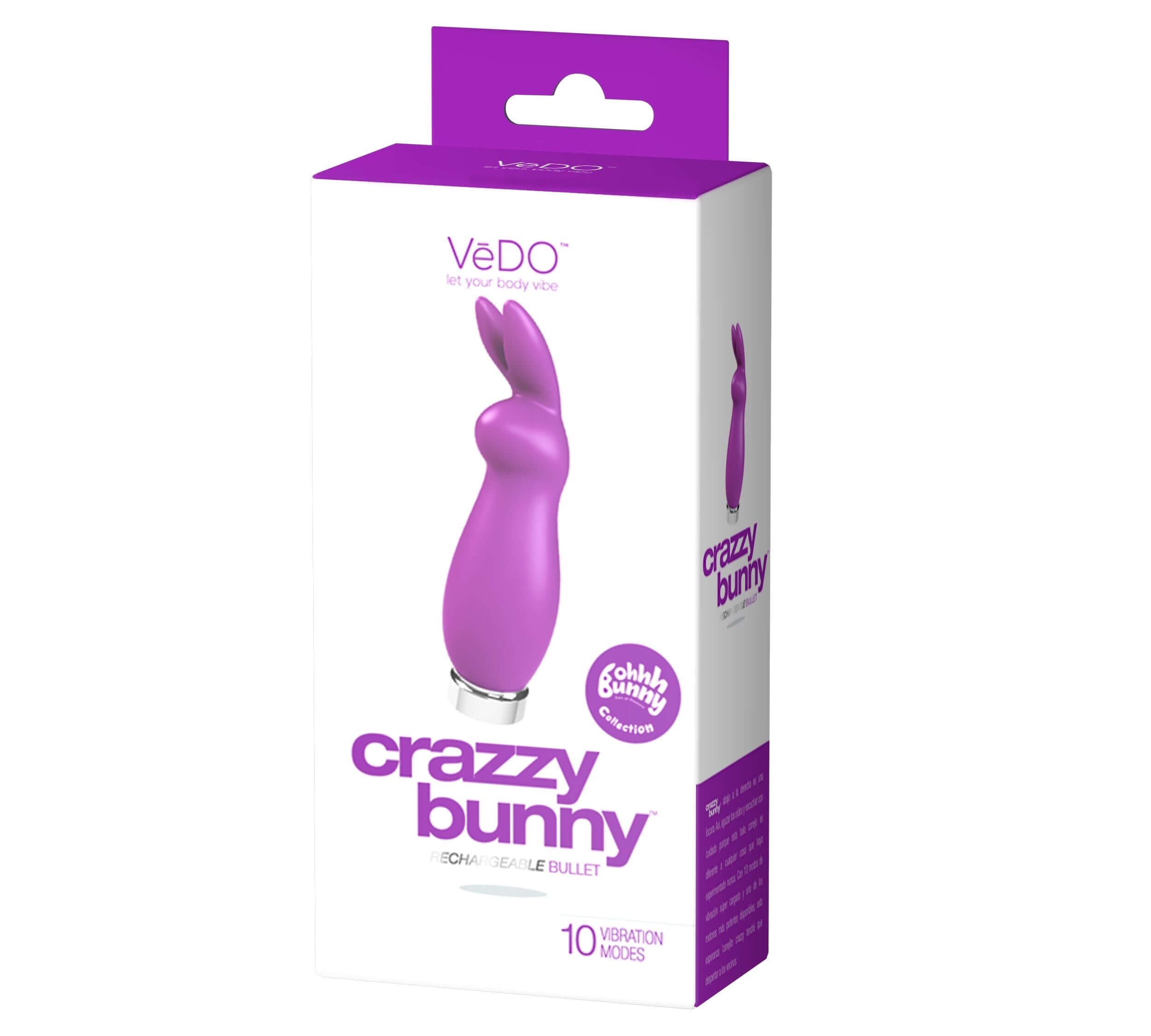 Vedo Crazzy Bunny Rechargeable Bullet Perfectly Purple packaging featuring a playful bunny-shaped design and 10 vibration modes.