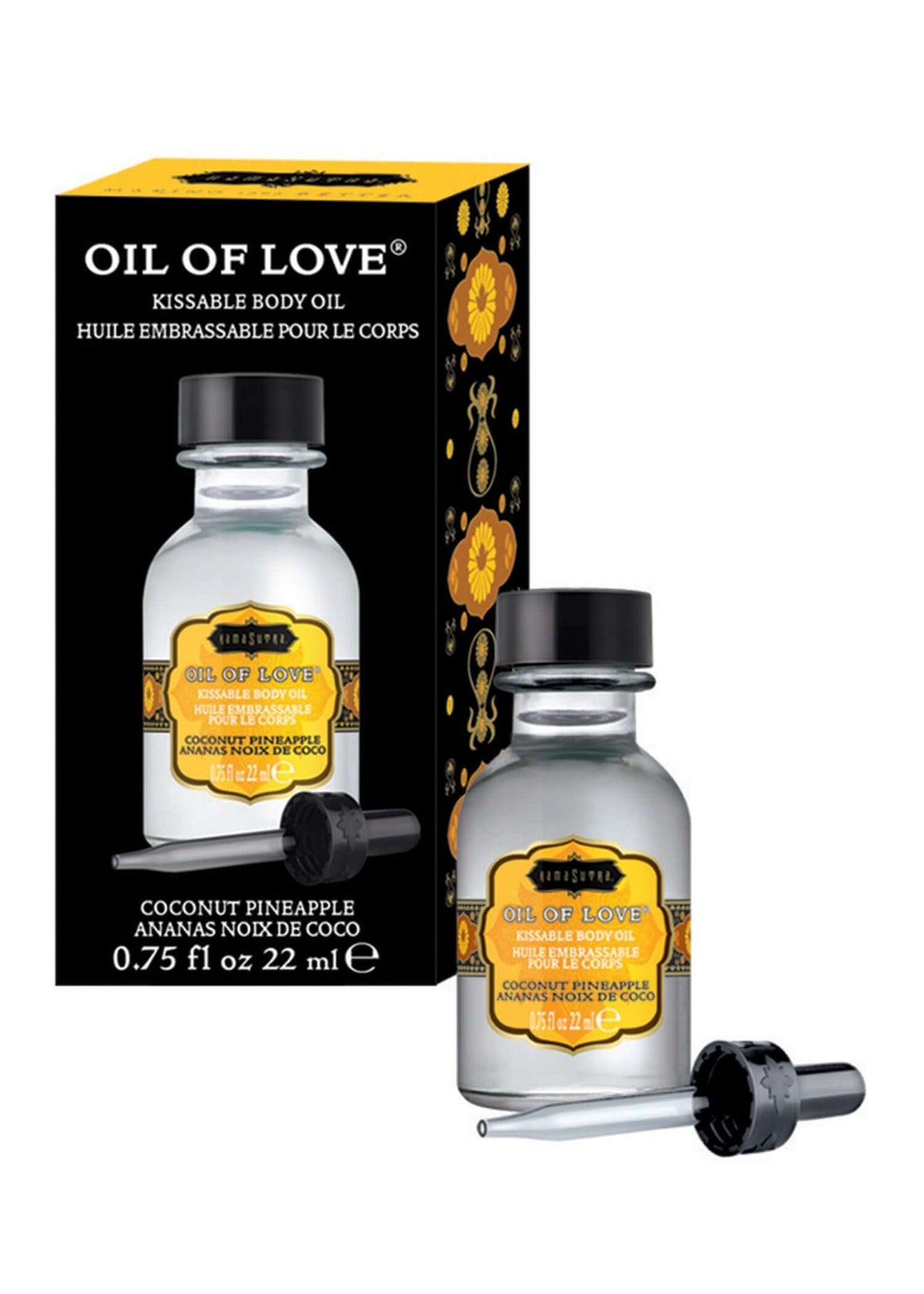 Kama Sutra Oil of Love Coconut Pineapple 0.75 Oz bottle with kissable body oil packaging.