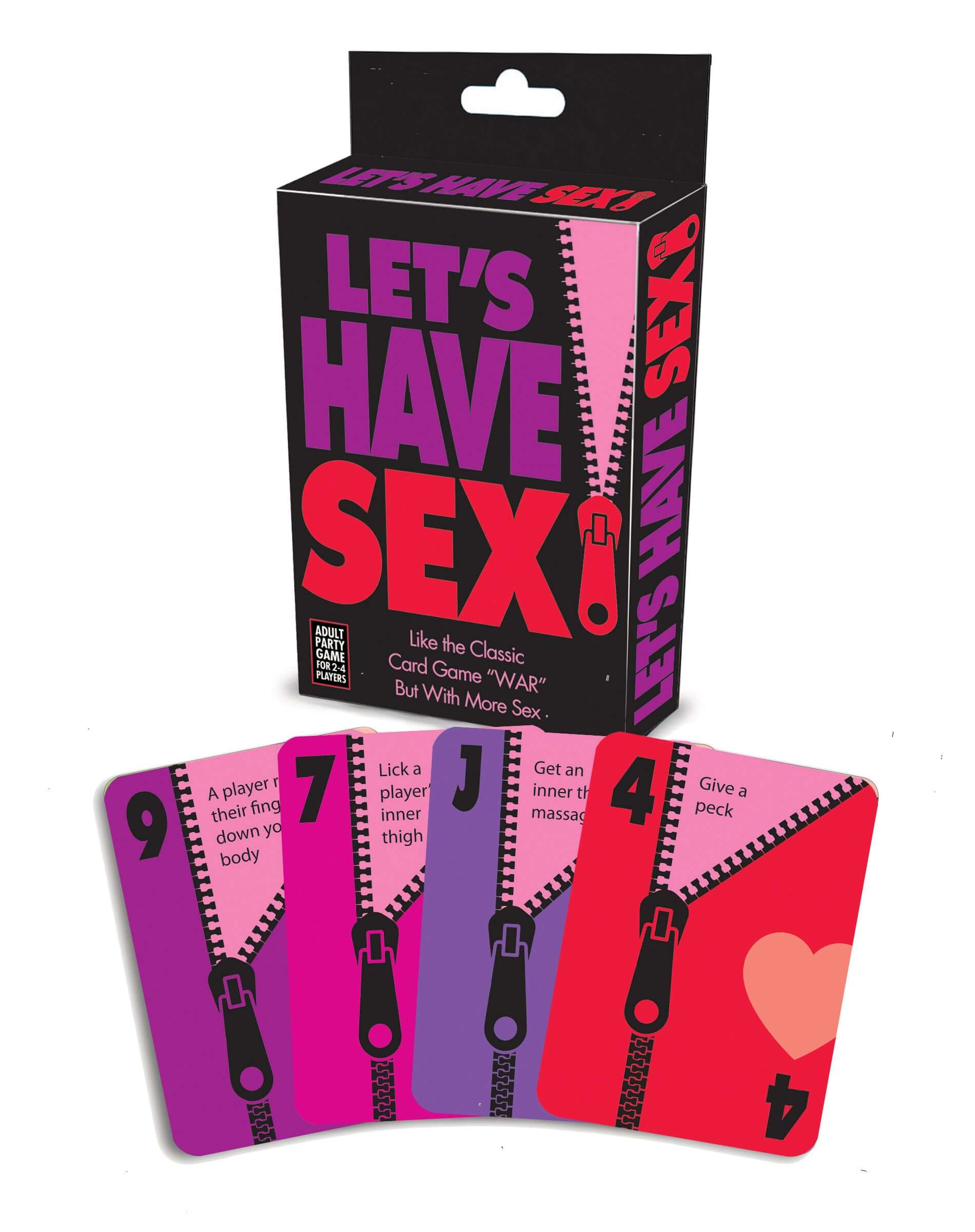 Let's Have Sex card game box and four cards with various sexual activities.