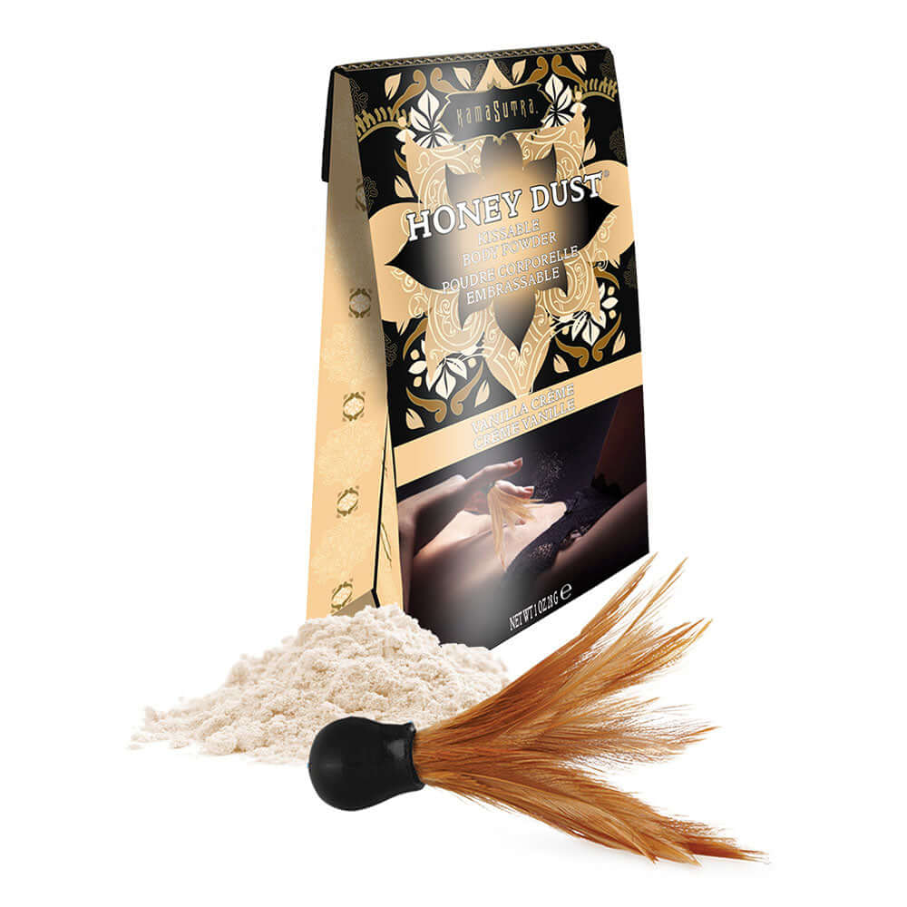 Kama Sutra Honey Dust Vanilla Creme 1 Oz packaging with body powder and applicator brush for silky-smooth skin.