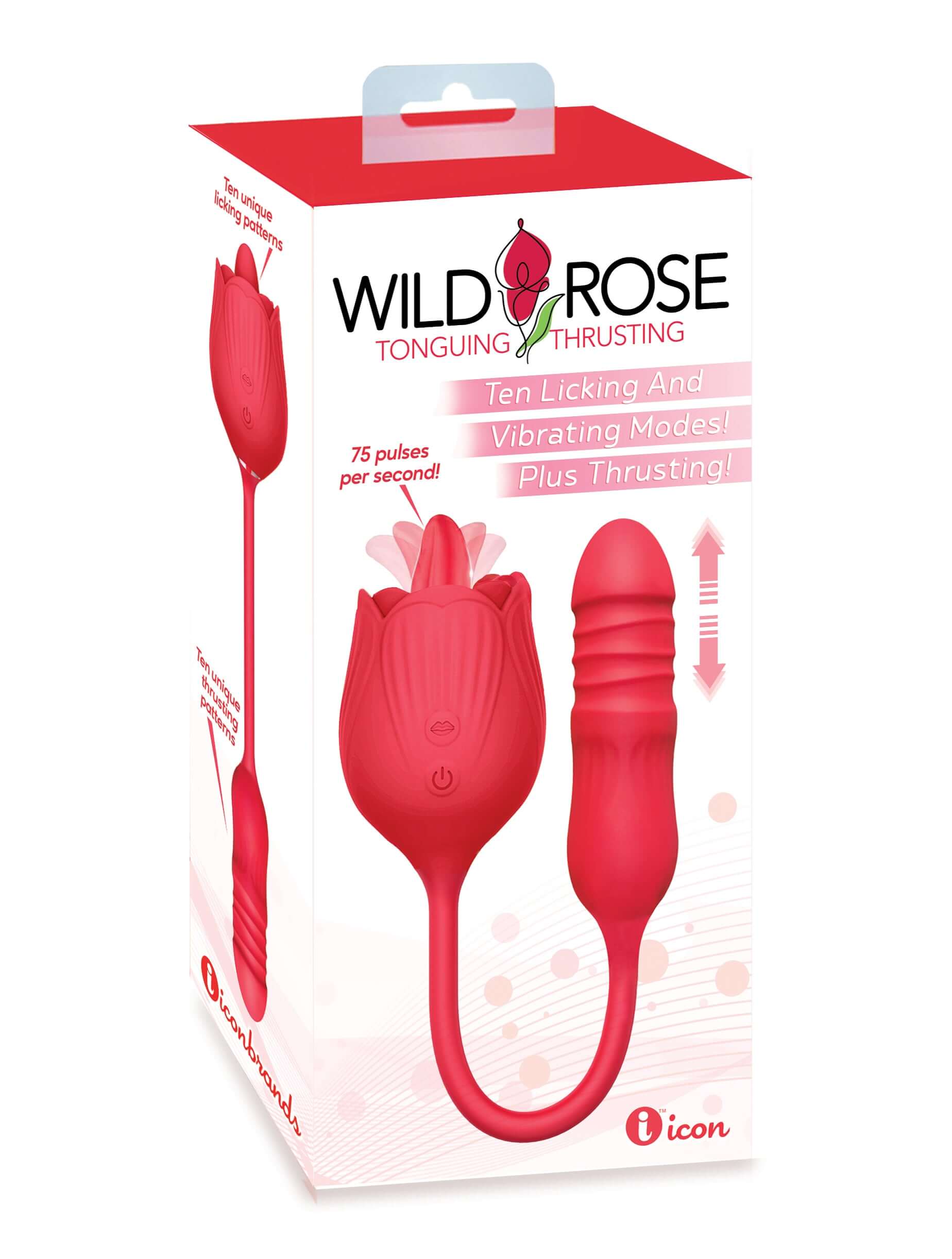 Wild Rose Tonguing Thrusting vibrator in red packaging showcasing its licking and thrusting features.