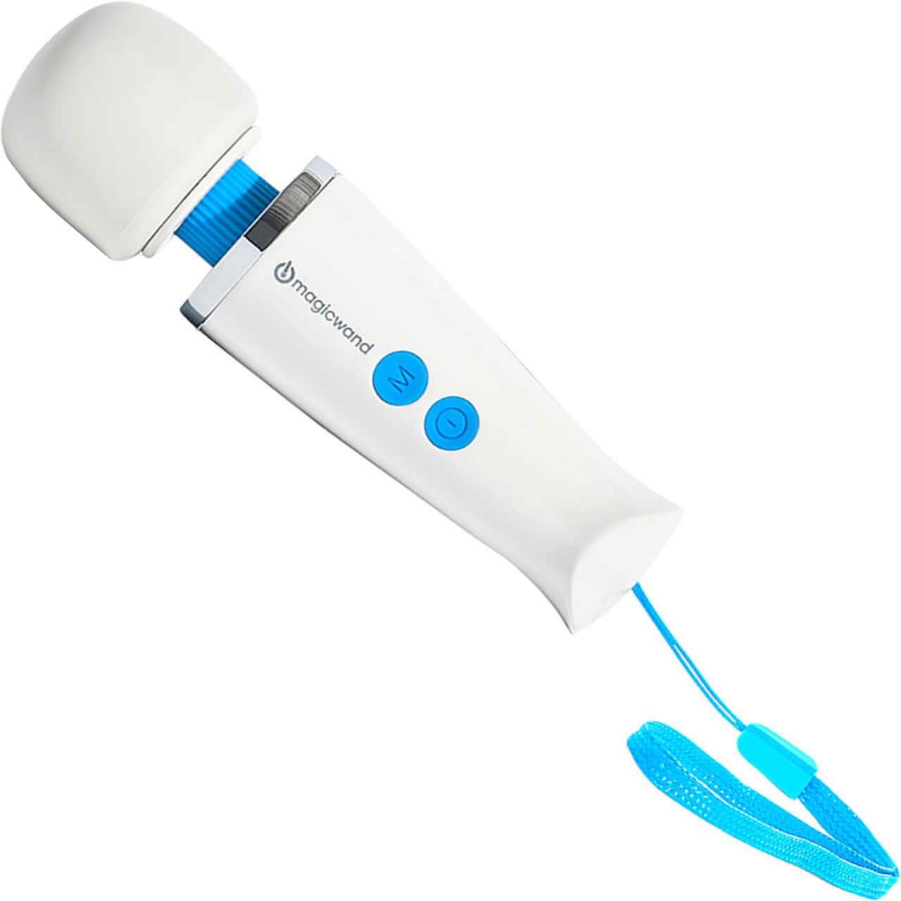 Magic Wand Micro HV-60 Massager in white with blue accents and strap, designed for powerful and portable relaxation.