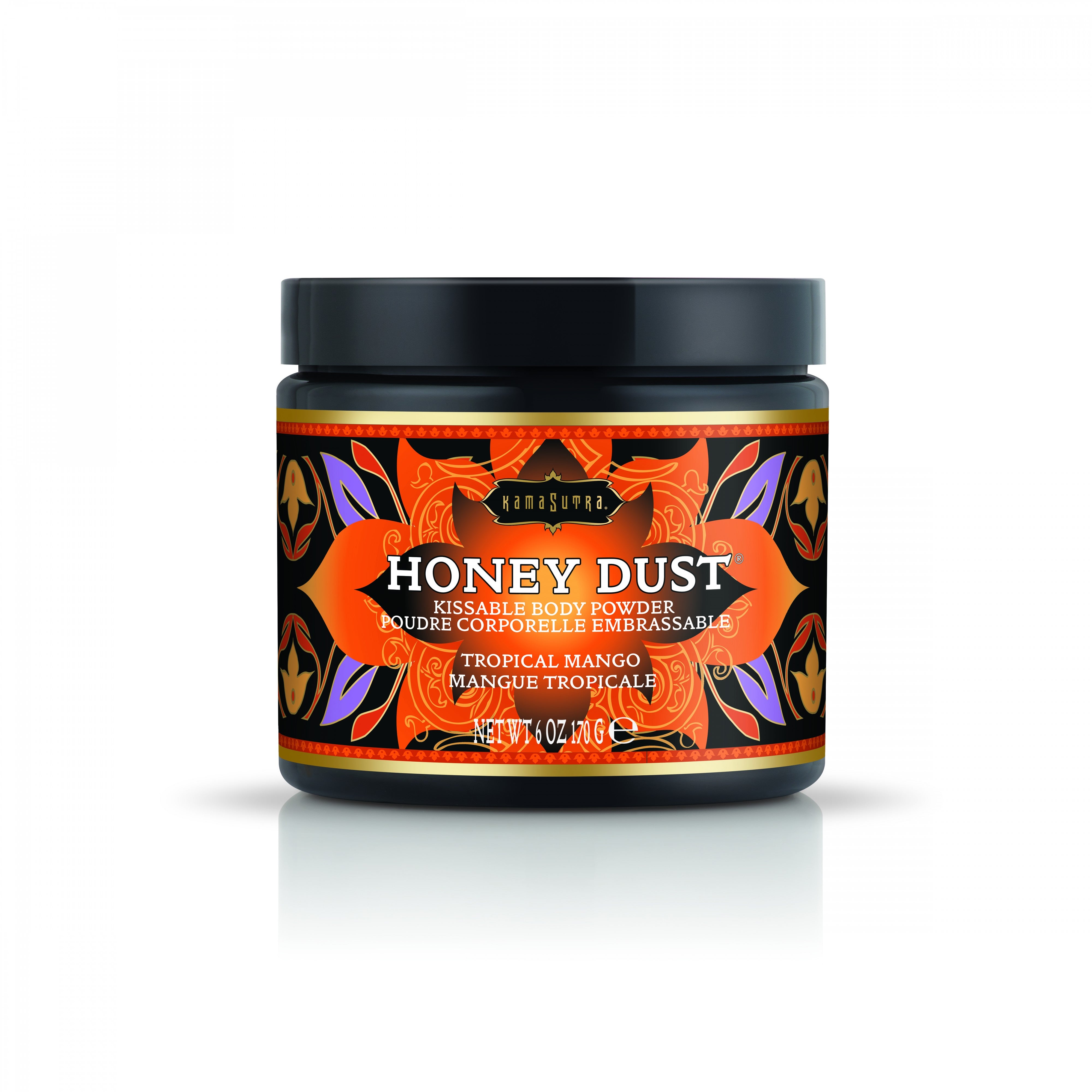 Kama Sutra Honey Dust Tropical Mango 6 Oz kissable body powder in stylish packaging with tropical design.