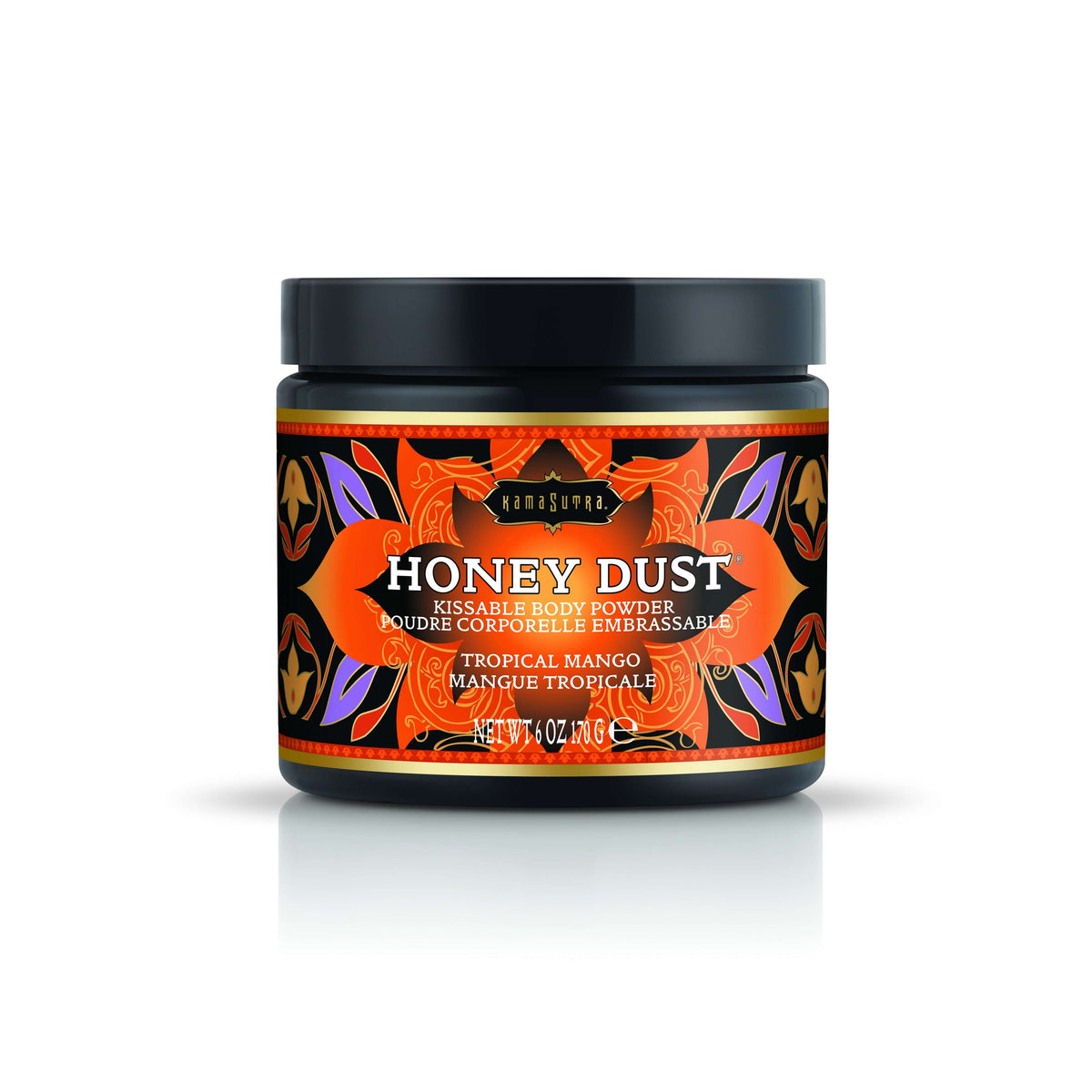 Kama Sutra Honey Dust Tropical Mango 6 Oz kissable body powder in stylish packaging with tropical design.