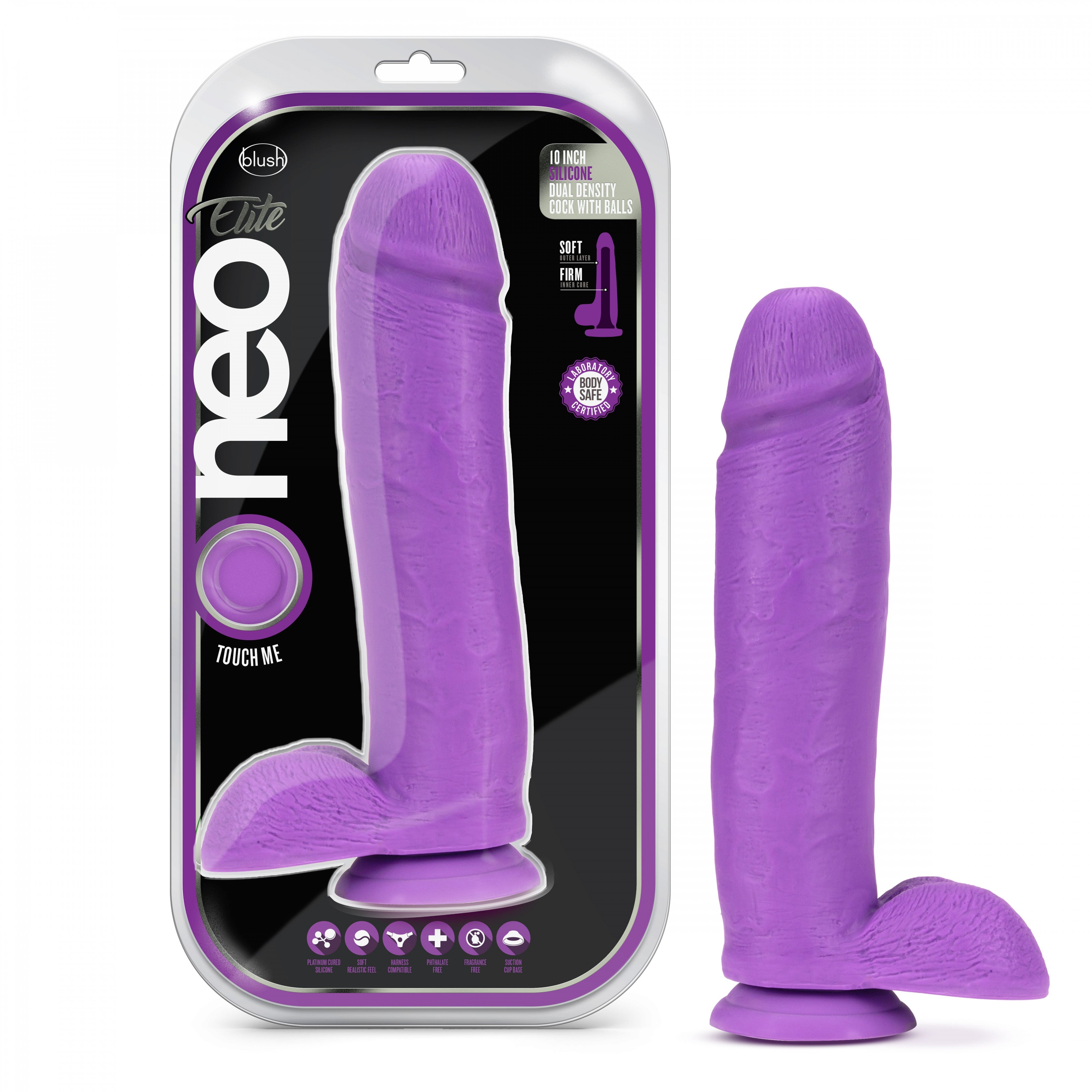 Neo Elite - 10 Inch Silicone Dual Density Cock With Balls - Neon Purple