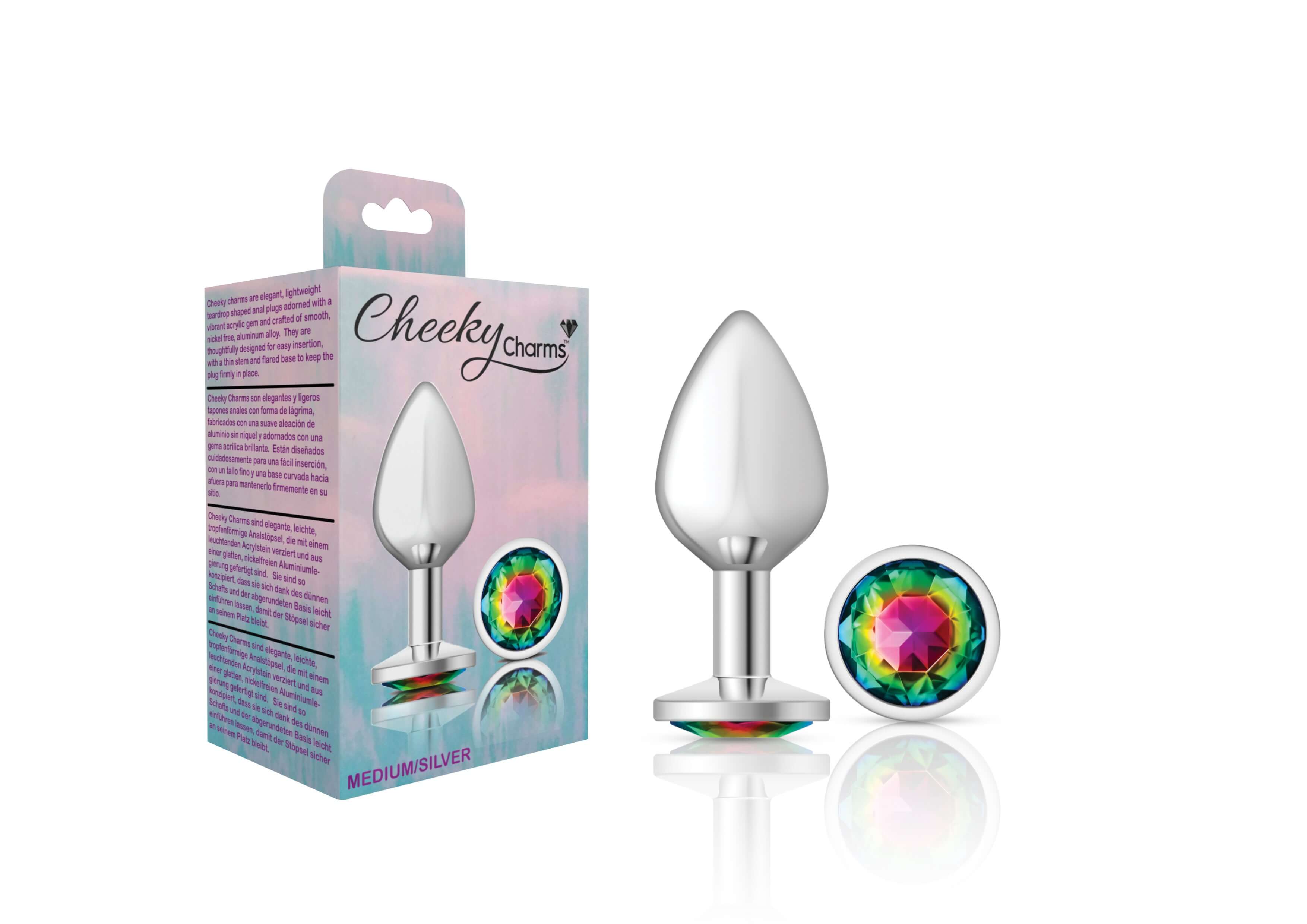 Cheeky Charms - Silver Metal Butt Plug - Round - Rainbow - Medium