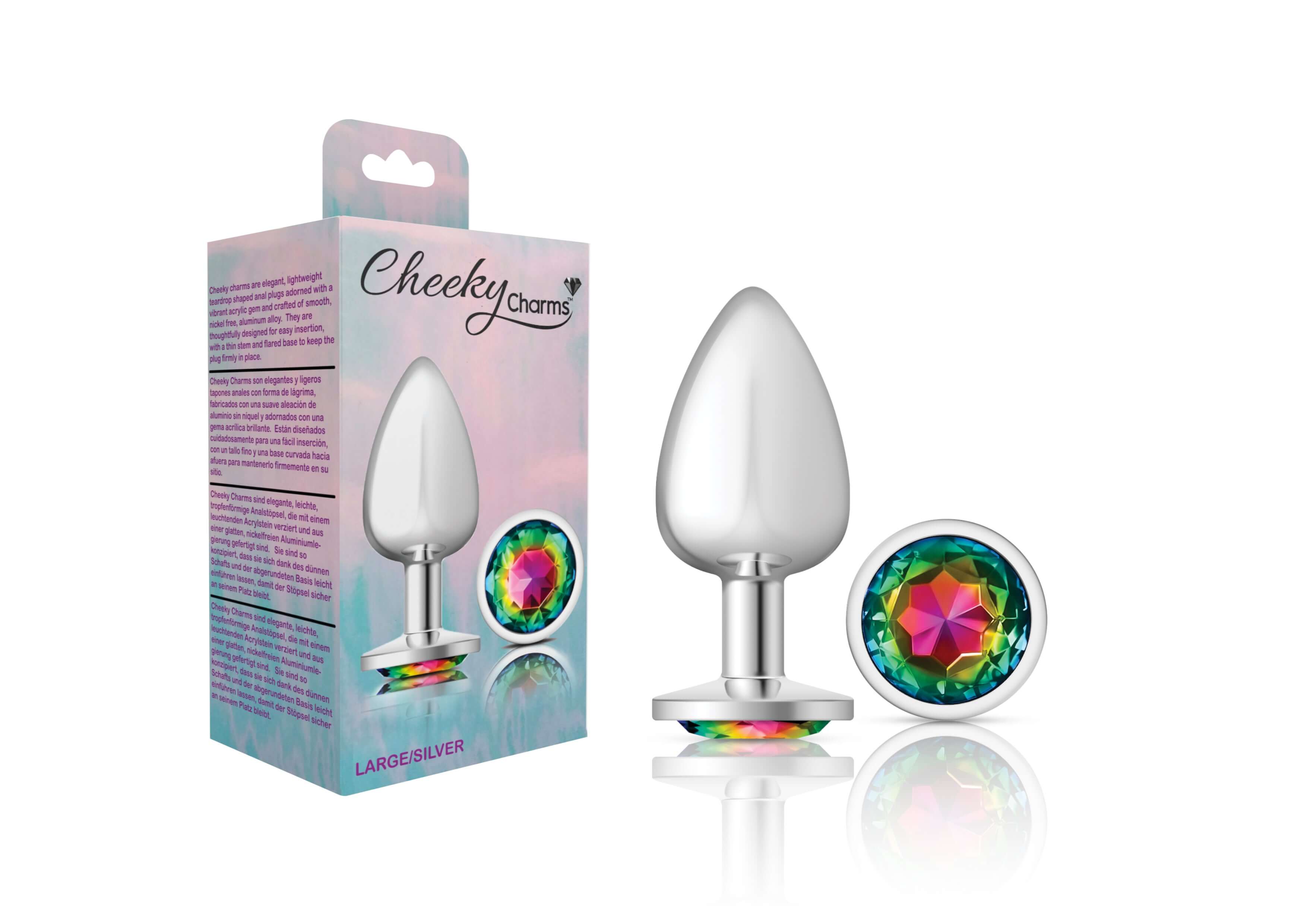 Cheeky Charms - Silver Metal Butt Plug - Round - Rainbow - Large