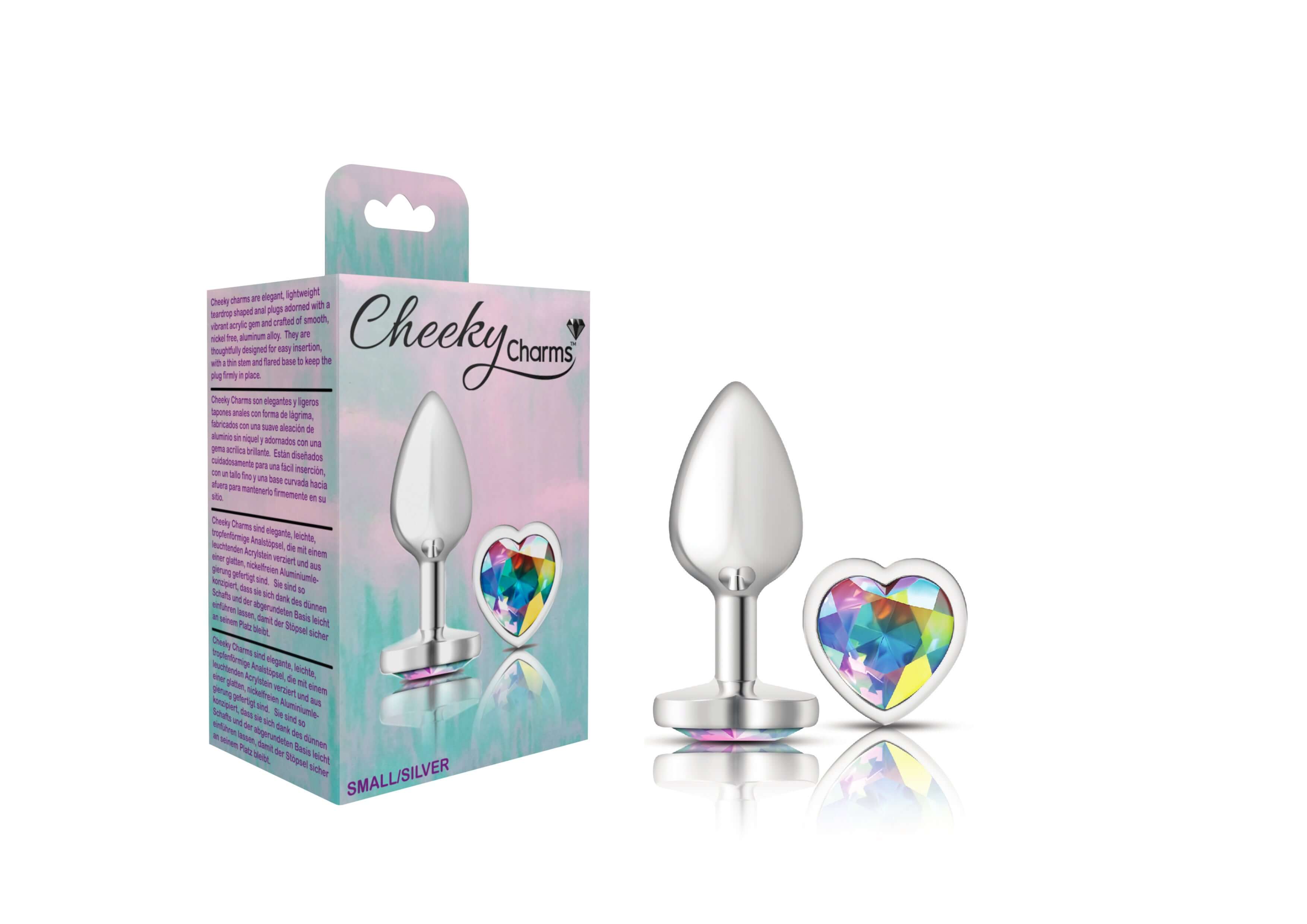 Cheeky Charms - Silver Metal Butt Plug - Heart - Clear - Small