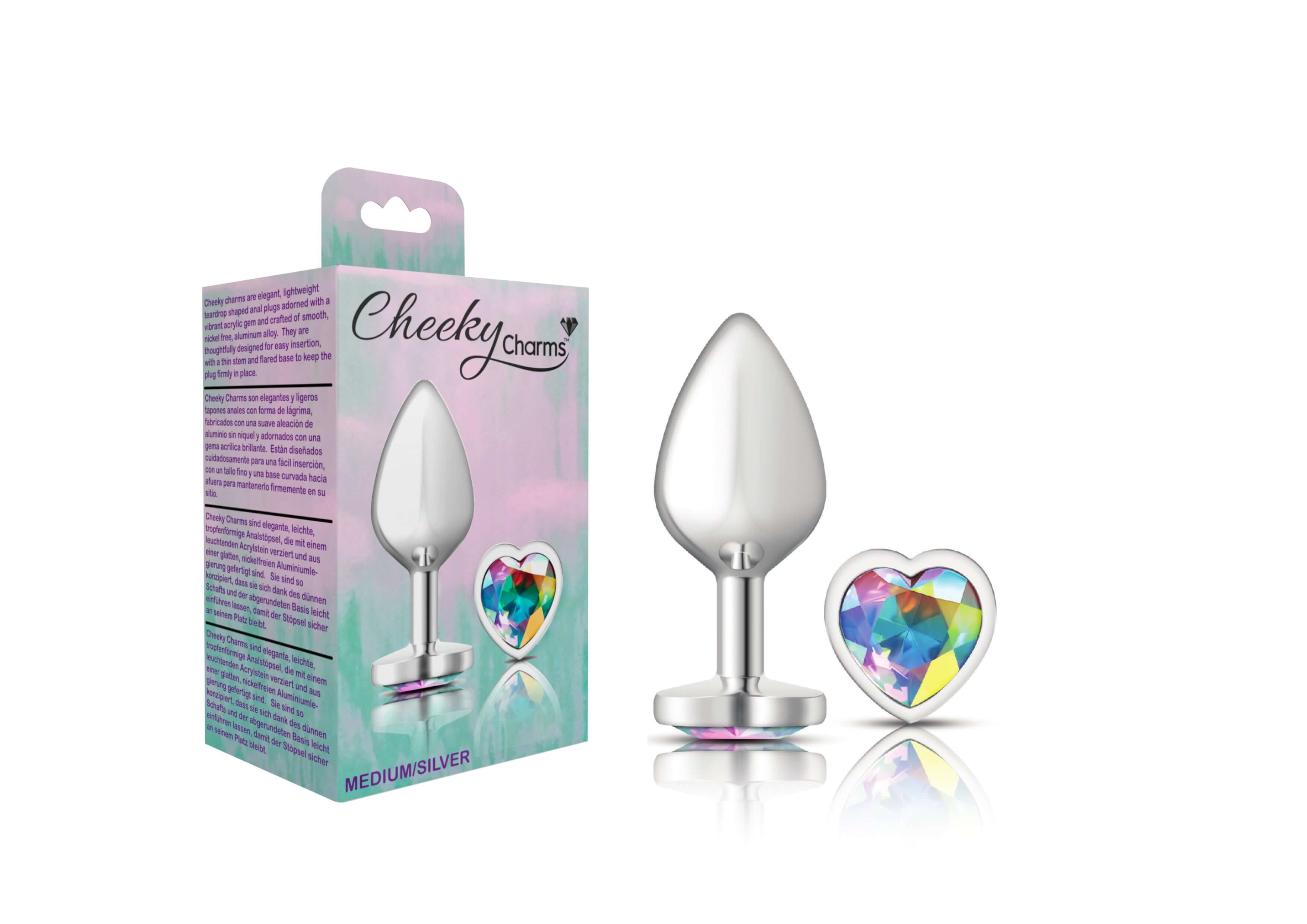 Cheeky Charms - Silver Metal Butt Plug - Heart - Clear - Medium