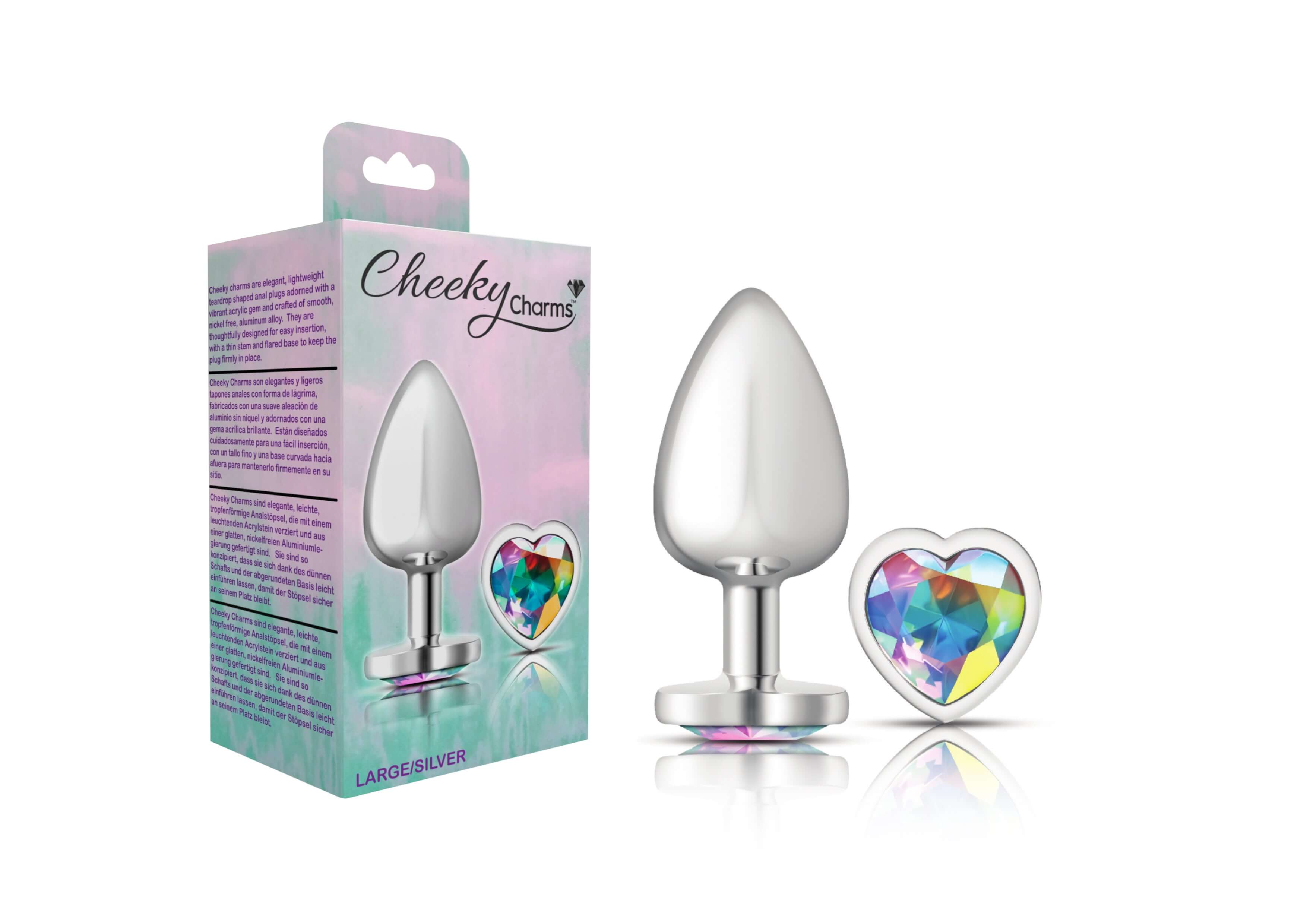 Cheeky Charms - Silver Metal Butt Plug - Heart - Clear - Large