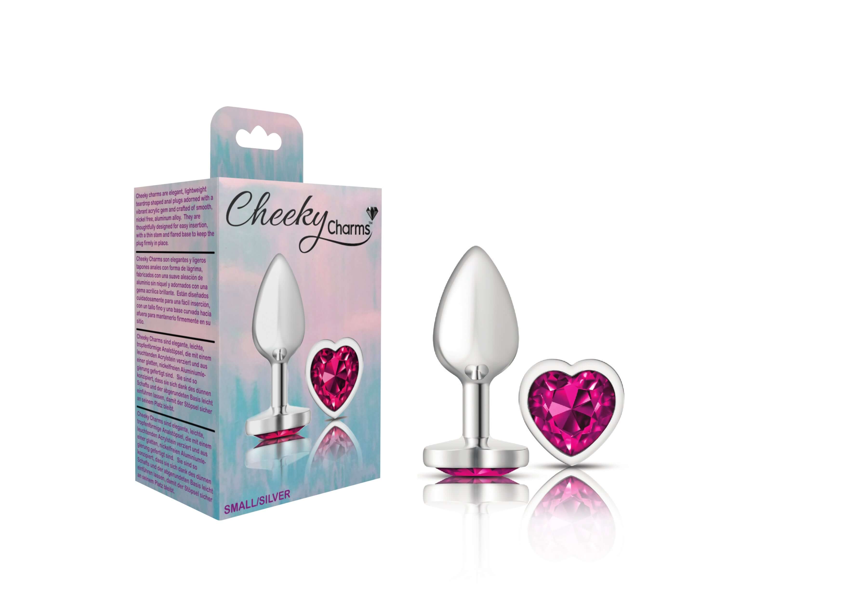 Silver metal butt plug with bright pink heart-shaped gemstone, Cheeky Charms packaging, small size for decorative play.