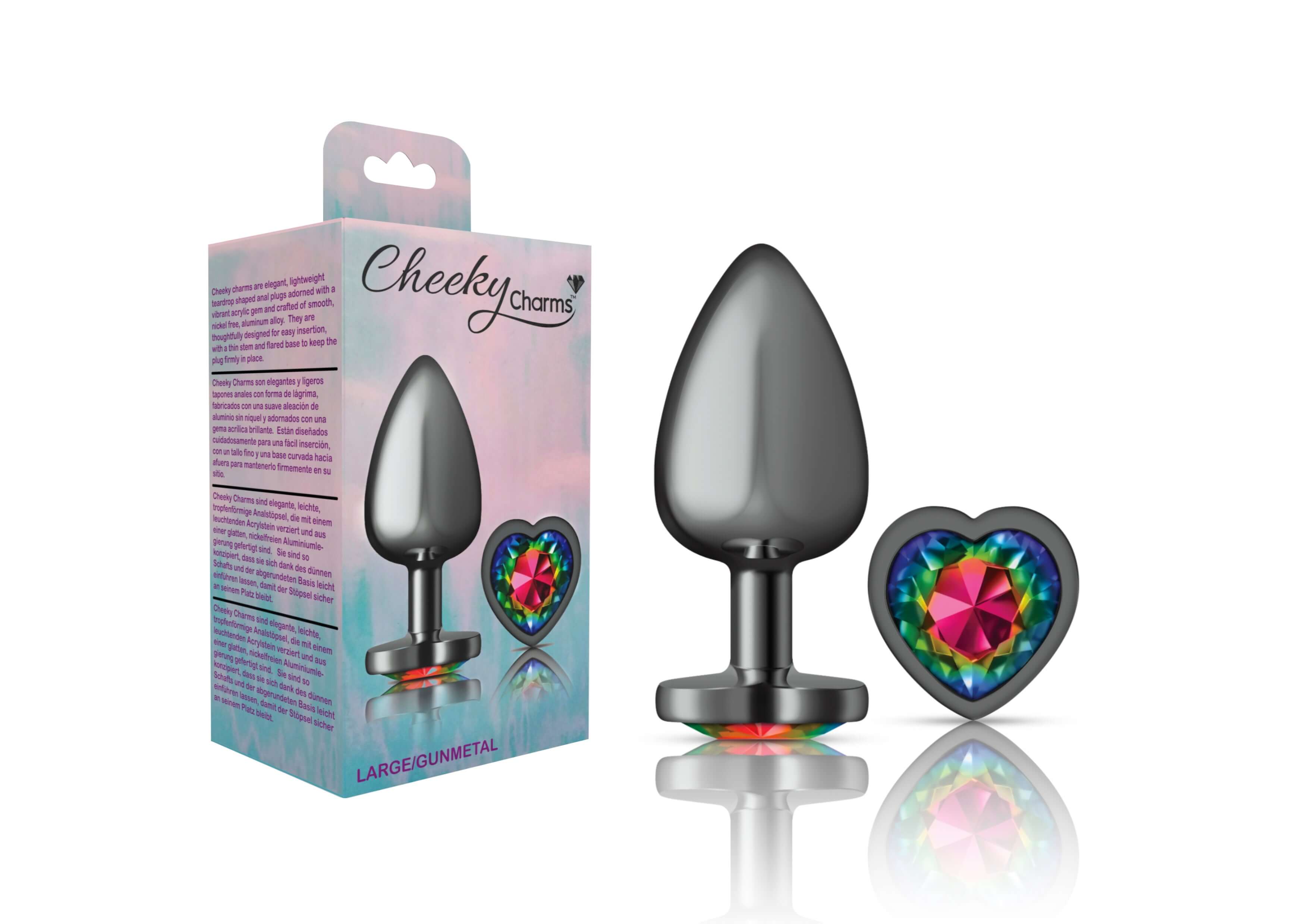 Cheeky Charms - Gunmetal Metal Butt Plug - Heart - Rainbow - Large