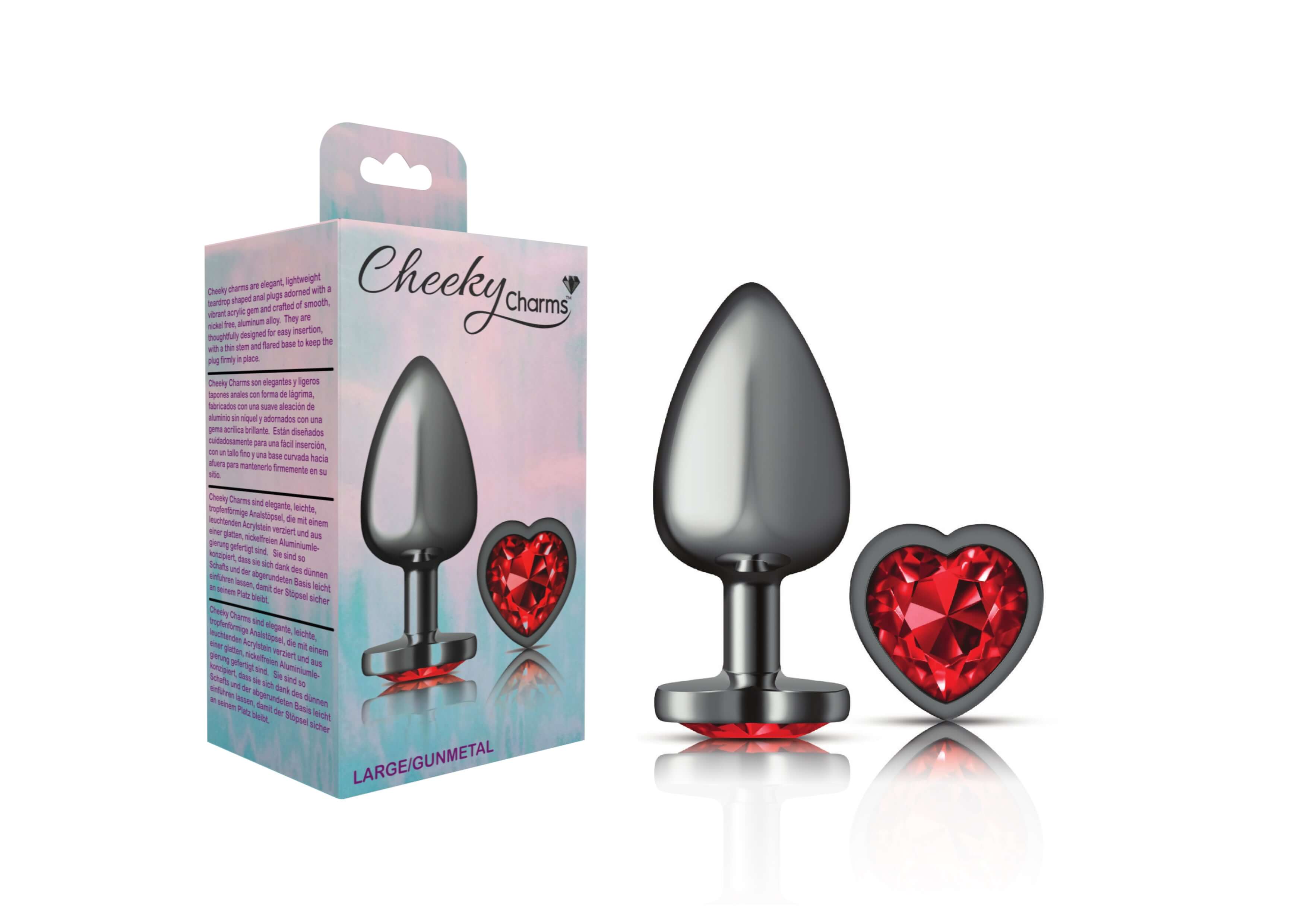 Cheeky Charms - Gunmetal Metal Butt Plug - Heart - Dark Red - Large