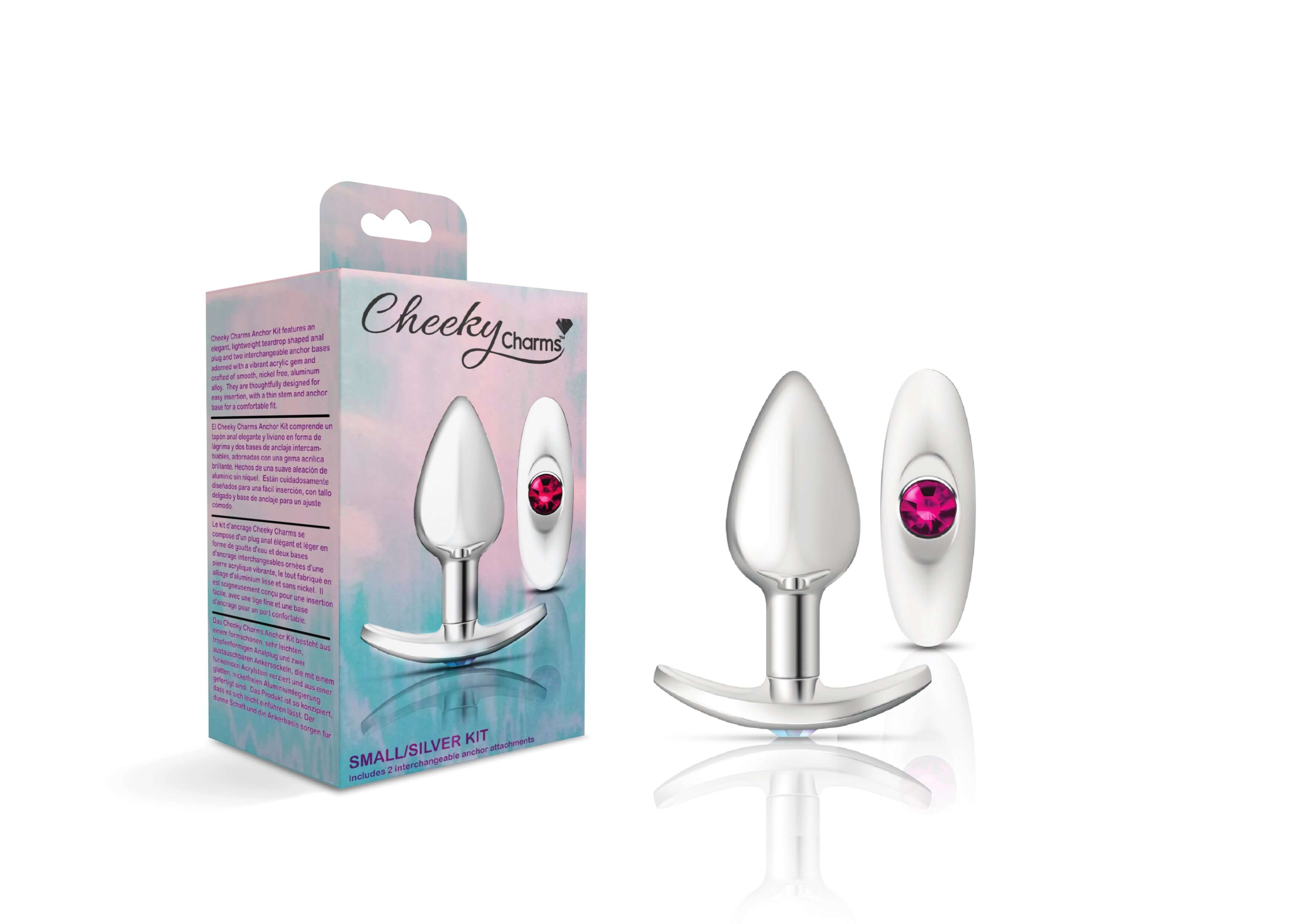 Cheeky Charms Silver Metal Butt Plug Kit with Bright Pink Gemstone and Packaging