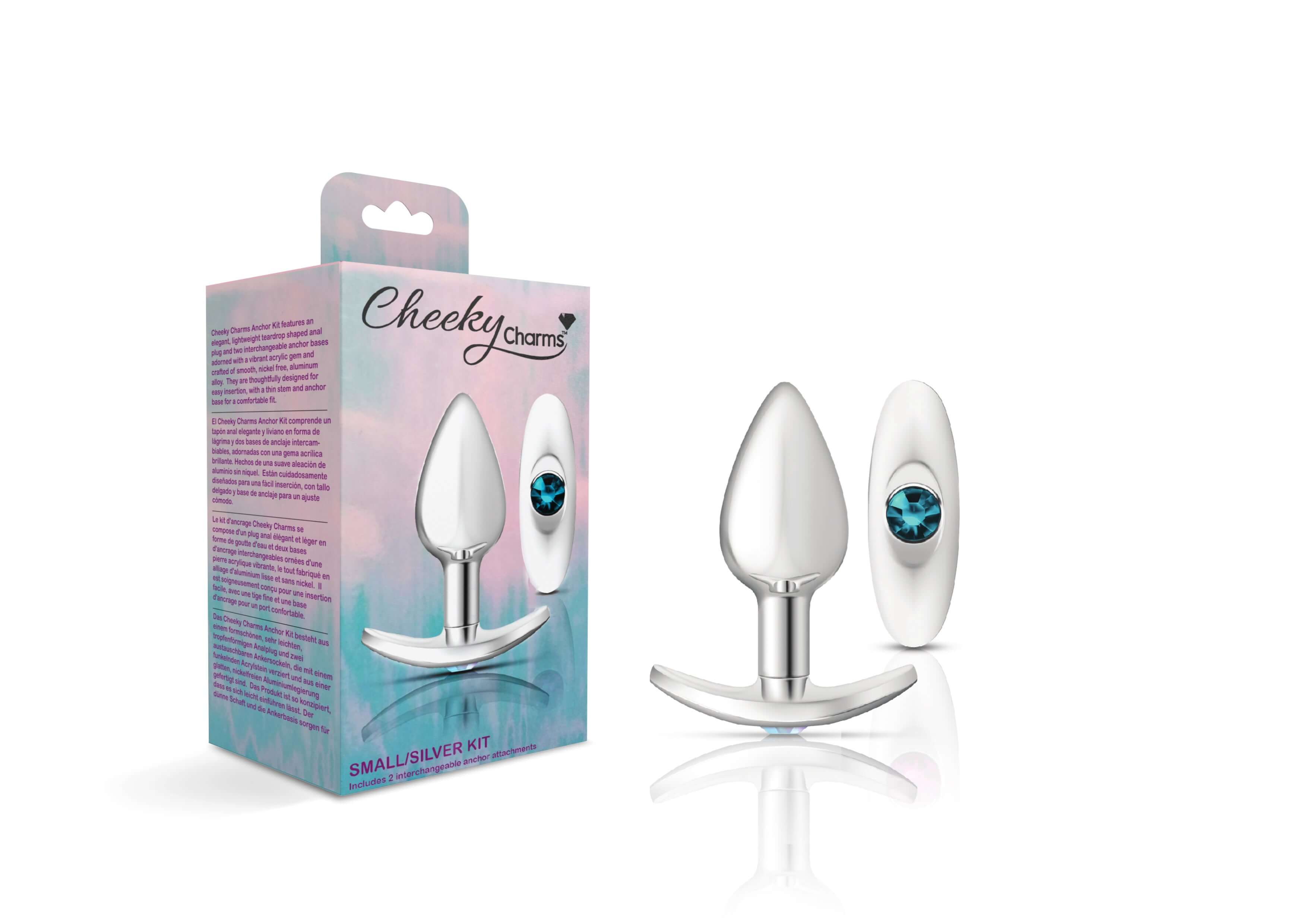 Cheeky Charms Silver Metal Butt Plug Kit with Teal Gemstone Anchor Bases and Packaging