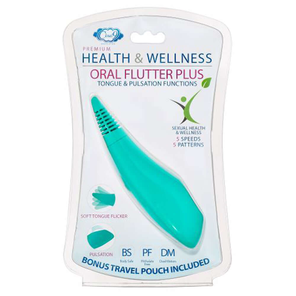 Health and Wellness Oral Flutter Plus in teal packaging with dual function tongue and pulsation features for customizable experience.