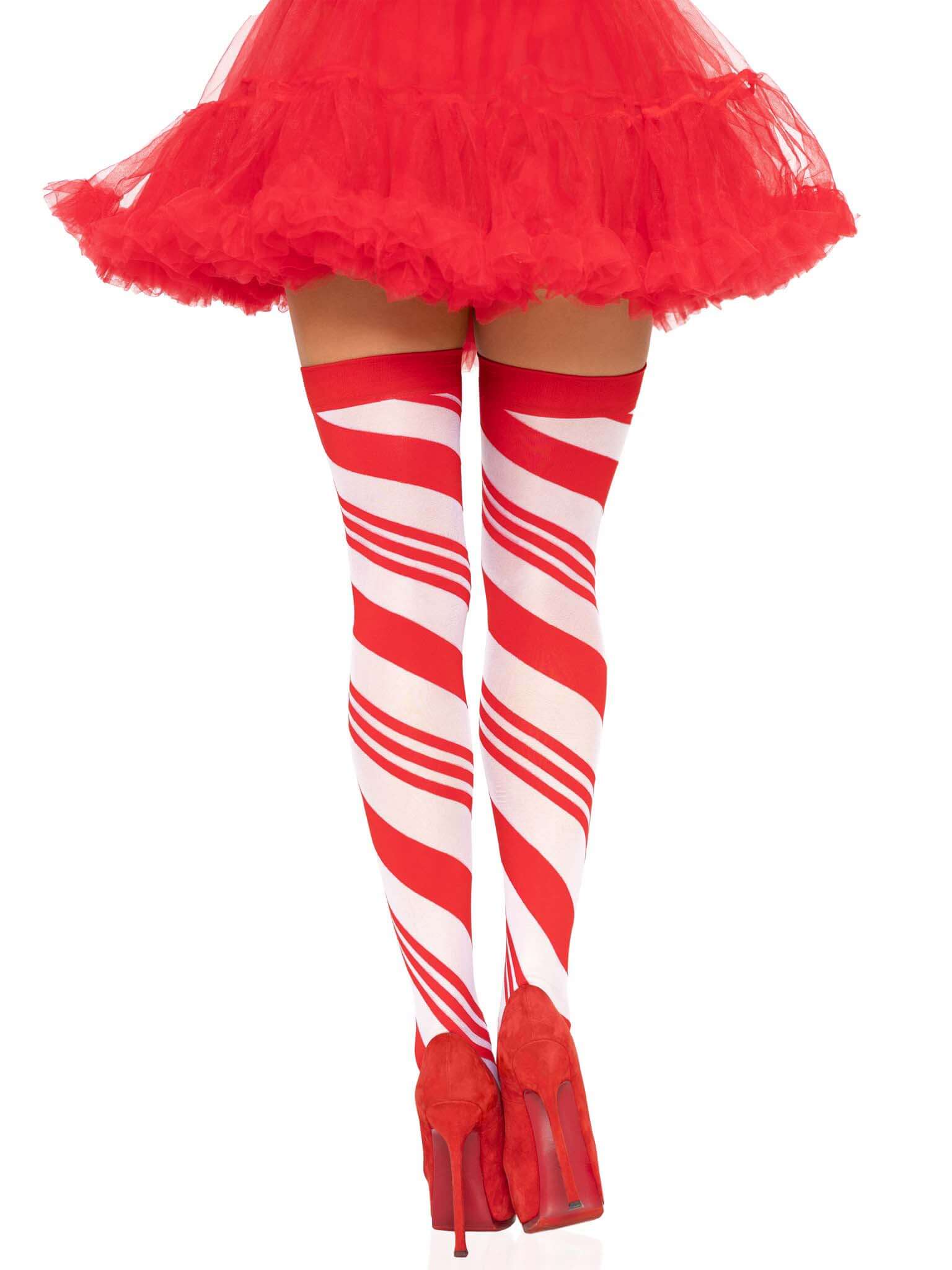 Candy Cane Thigh High - One Size - White/red