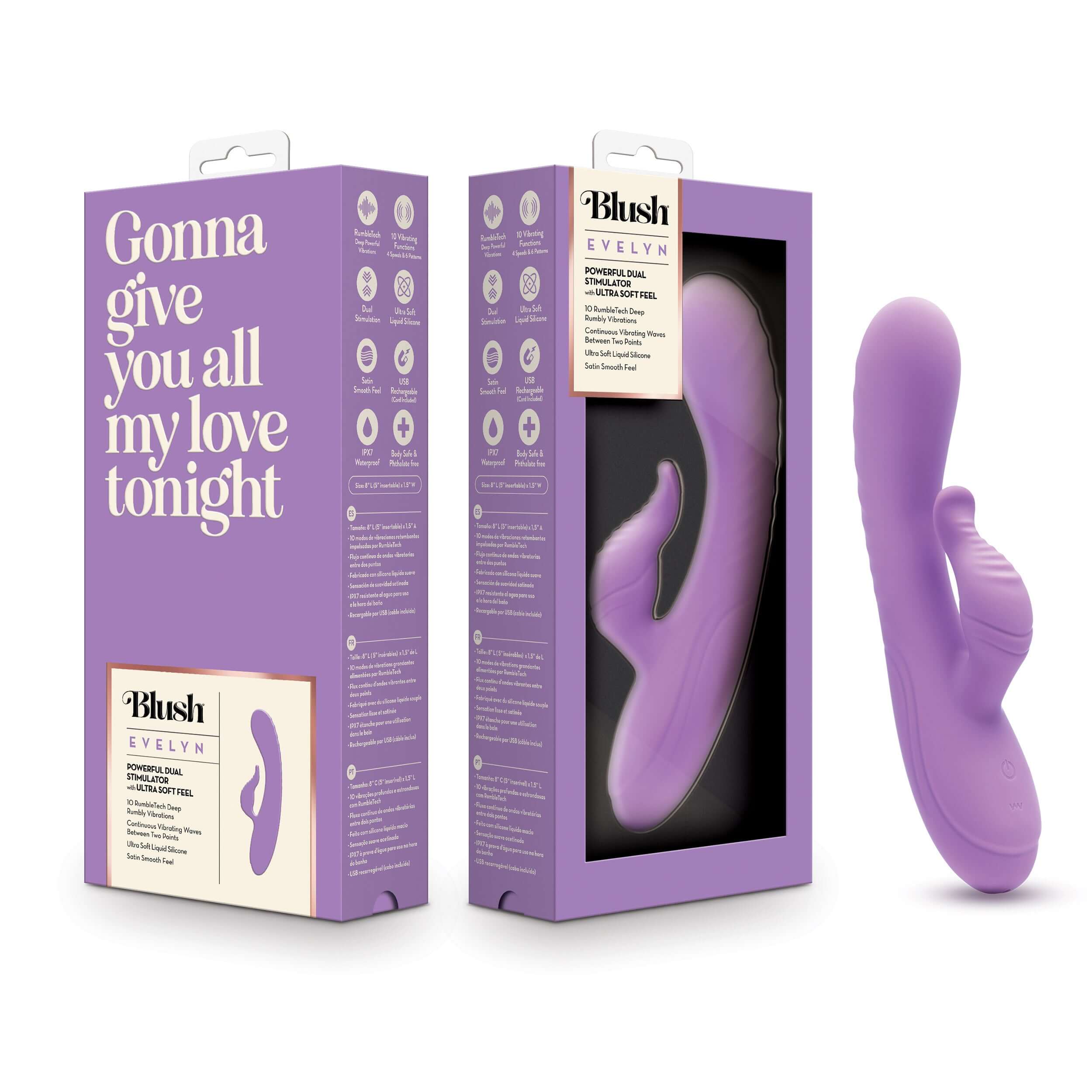 Blush Evelyn Rabbit Massager in Purple with packaging, featuring 10 vibrating modes, 4 speeds and 6 unique patterns for dual stimulation.