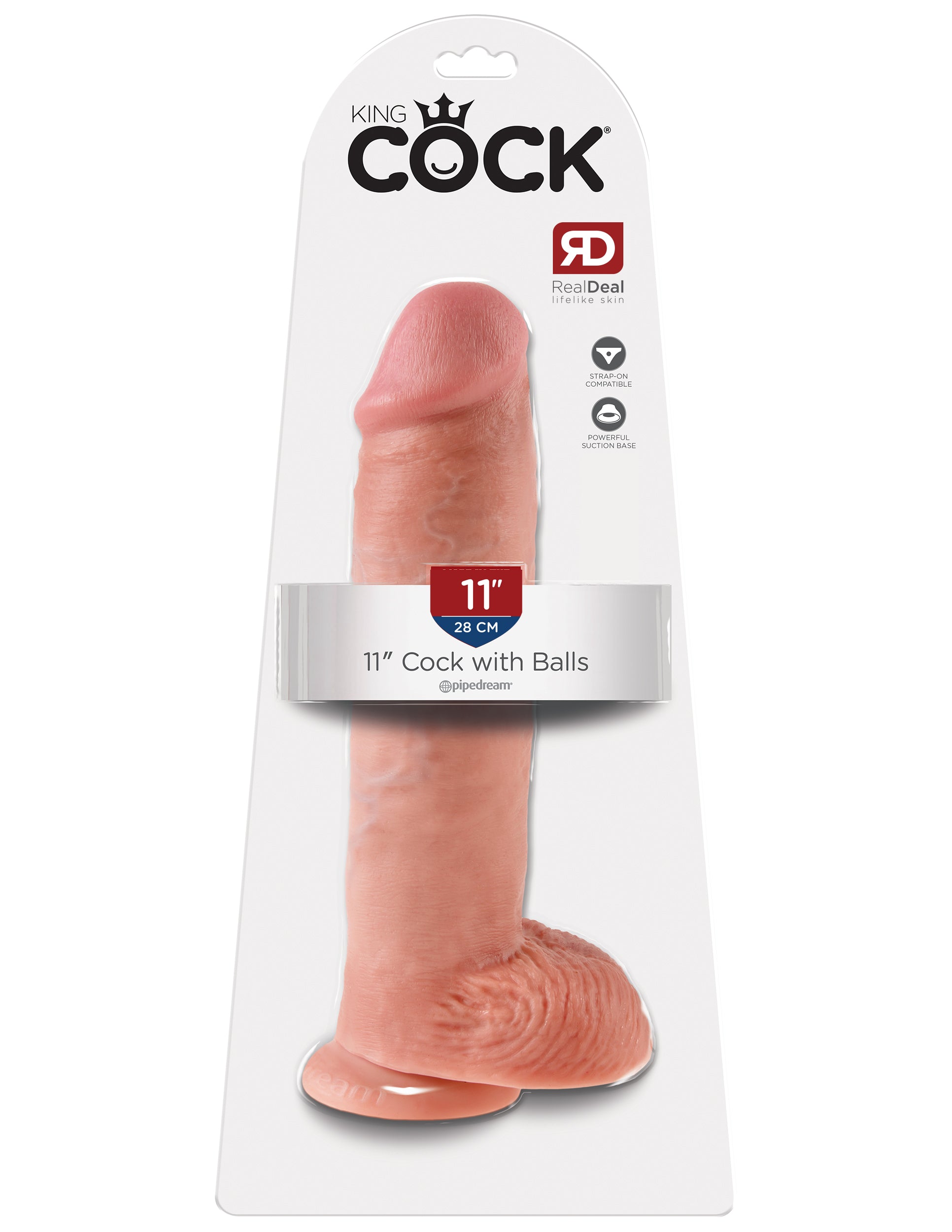 King Cock 11-Inch Cock With Balls Dildo Flesh packaging display featuring realistic design and suction cup base.