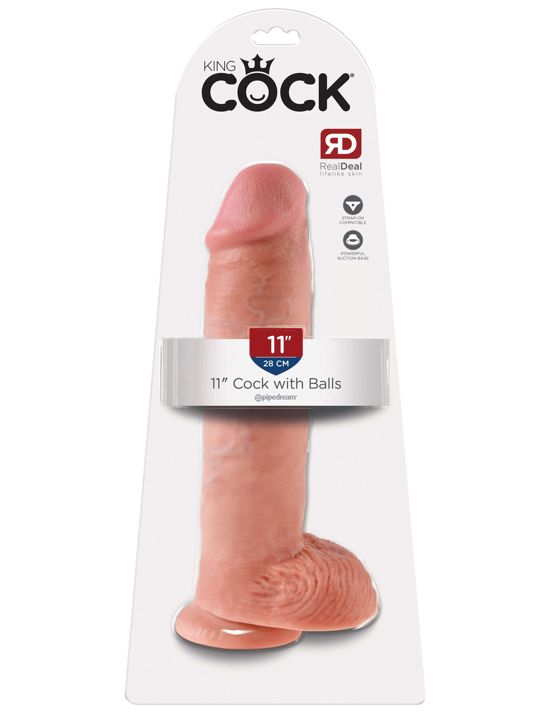 King Cock 11-Inch Cock With Balls Dildo Flesh packaging display featuring realistic design and suction cup base.