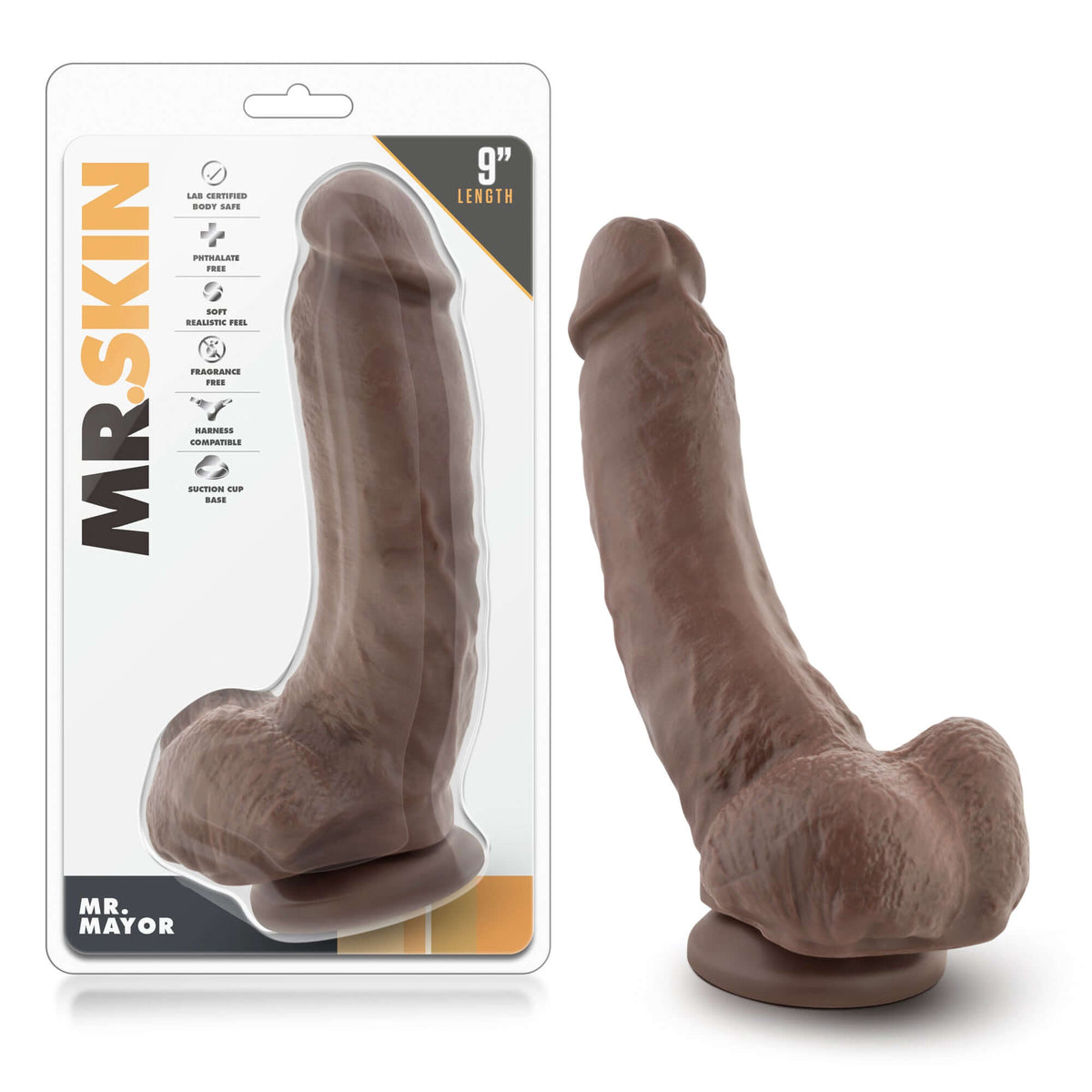 Dr Skin Mr Mayor Dildo with Balls 9 inch Brown displayed in packaging, showcasing size and detail.