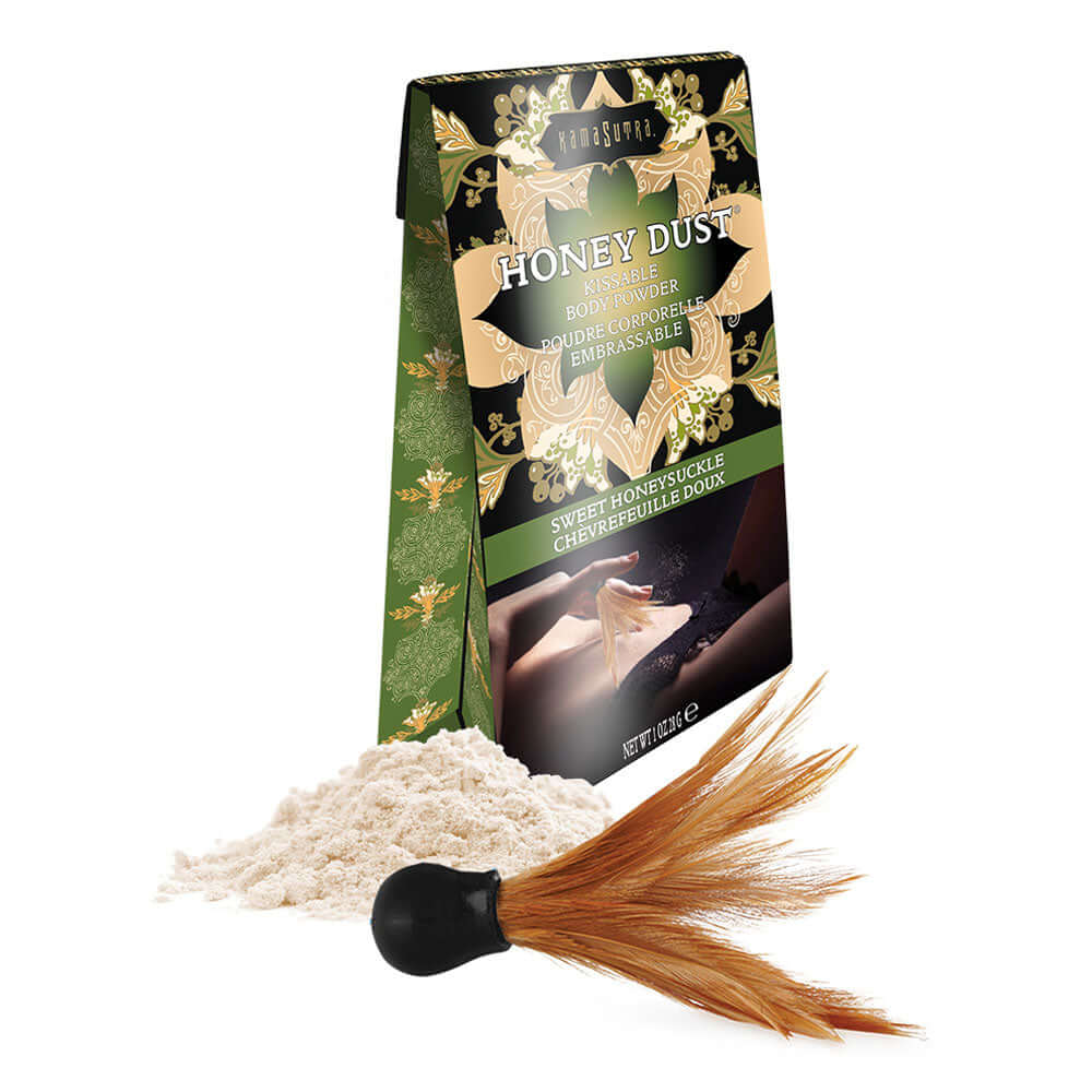 Kama Sutra Honey Dust Sweet Honeysuckle 1 Oz packaging with body powder and feather applicator.