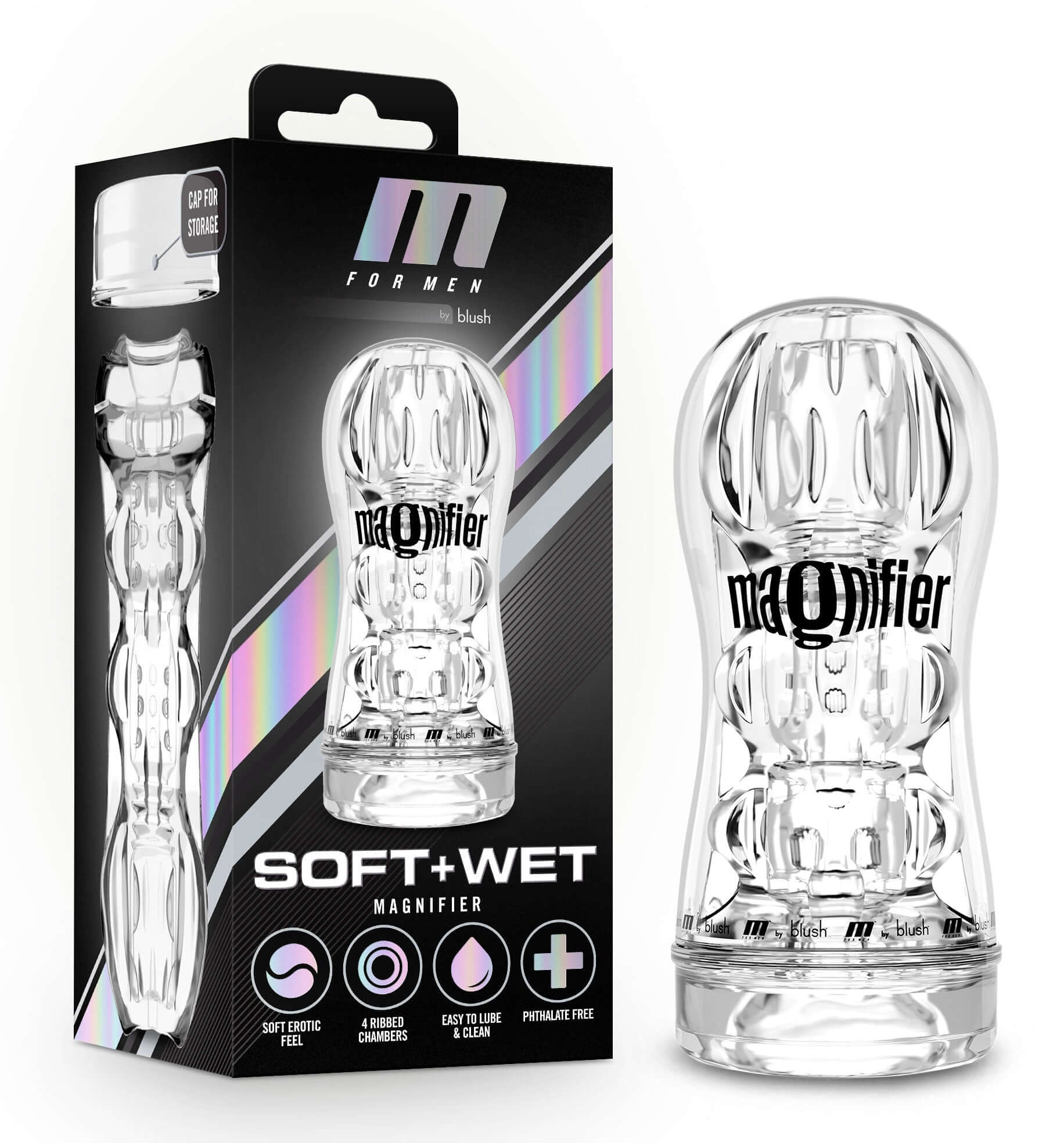 M for Men Soft and Wet Magnifier, clear pocket stroker with multi-chamber design for enhanced suction and fun.