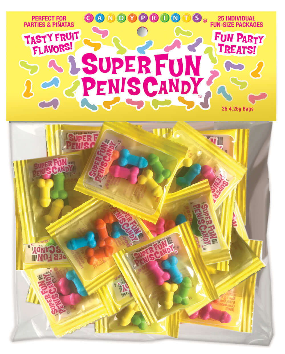 Super Fun Penis Candy 25 Bags displayed in a colorful package, perfect for parties and gatherings.