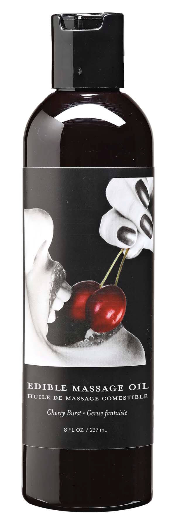 Cherry Edible Massage Oil 8 Oz with sleek packaging, highlighting its all-natural ingredients and enticing flavor.