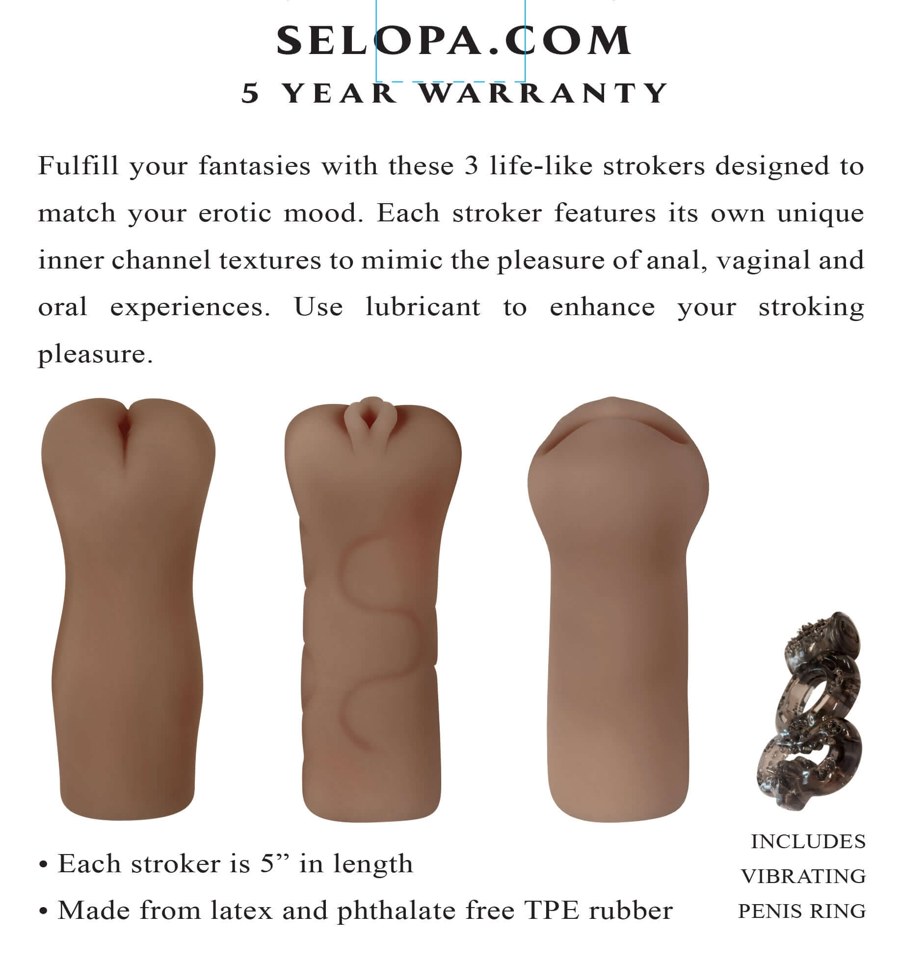 3 Life-Like Strokers Party Pack - Dark, featuring unique inner channel textures for anal, vaginal, and oral experiences. 5-inch latex free TPE rubber.