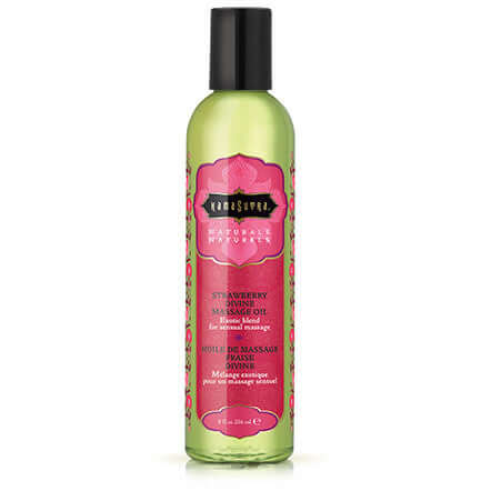 Kama Sutra Naturals Massage Oil Strawberry Divine 8 Oz in a sleek bottle, perfect for relaxing massages.