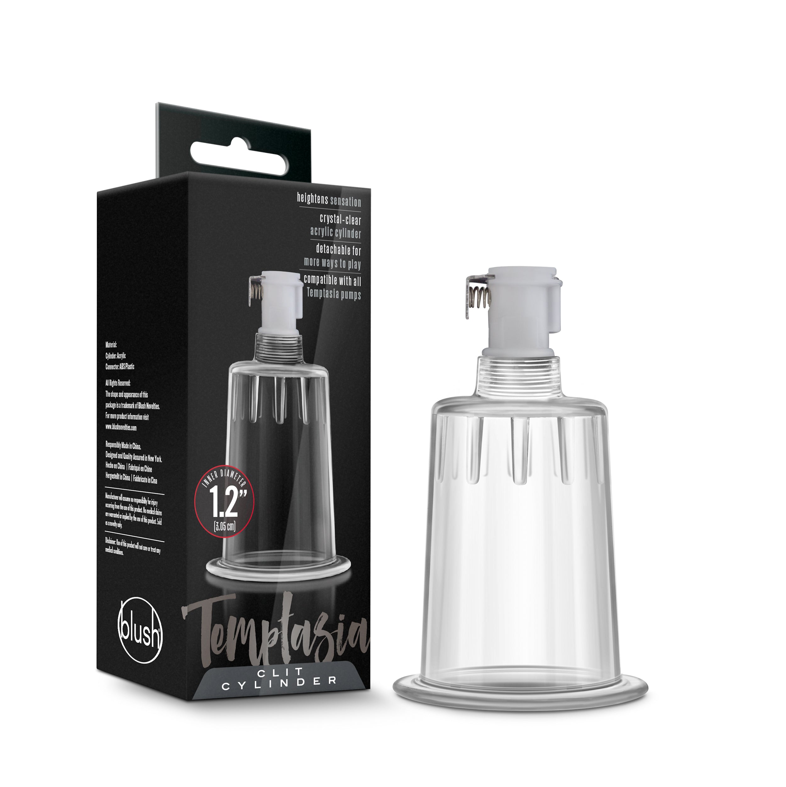 Temptasia Clit Cylinder 1.2 Inch Diameter Clear displayed with packaging, featuring body-safe acrylic for enhanced sensitivity.