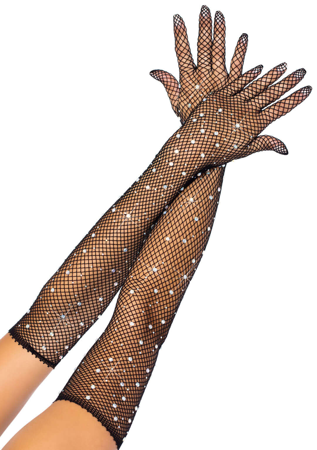 Black rhinestone fishnet long gloves from Leg Avenue showcasing sparkle and elegance, ideal for themed parties and stylish events.