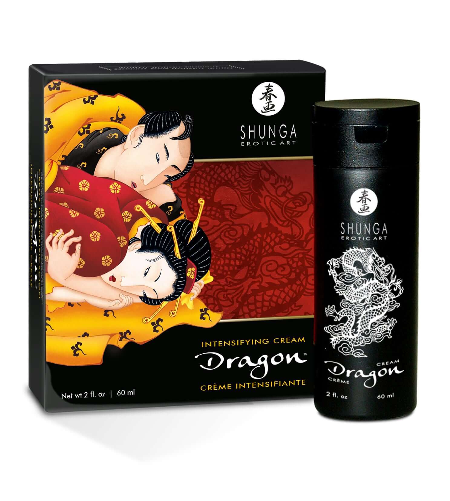 Shunga Dragon Intensifying Cream 2 Oz packaging and bottle showcasing premium intimate enhancing formula.