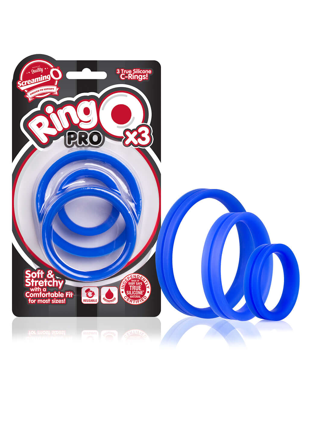 RingO Pro x3 Silicone Cock Rings Set Blue packaging with three blue silicone rings displayed inside.