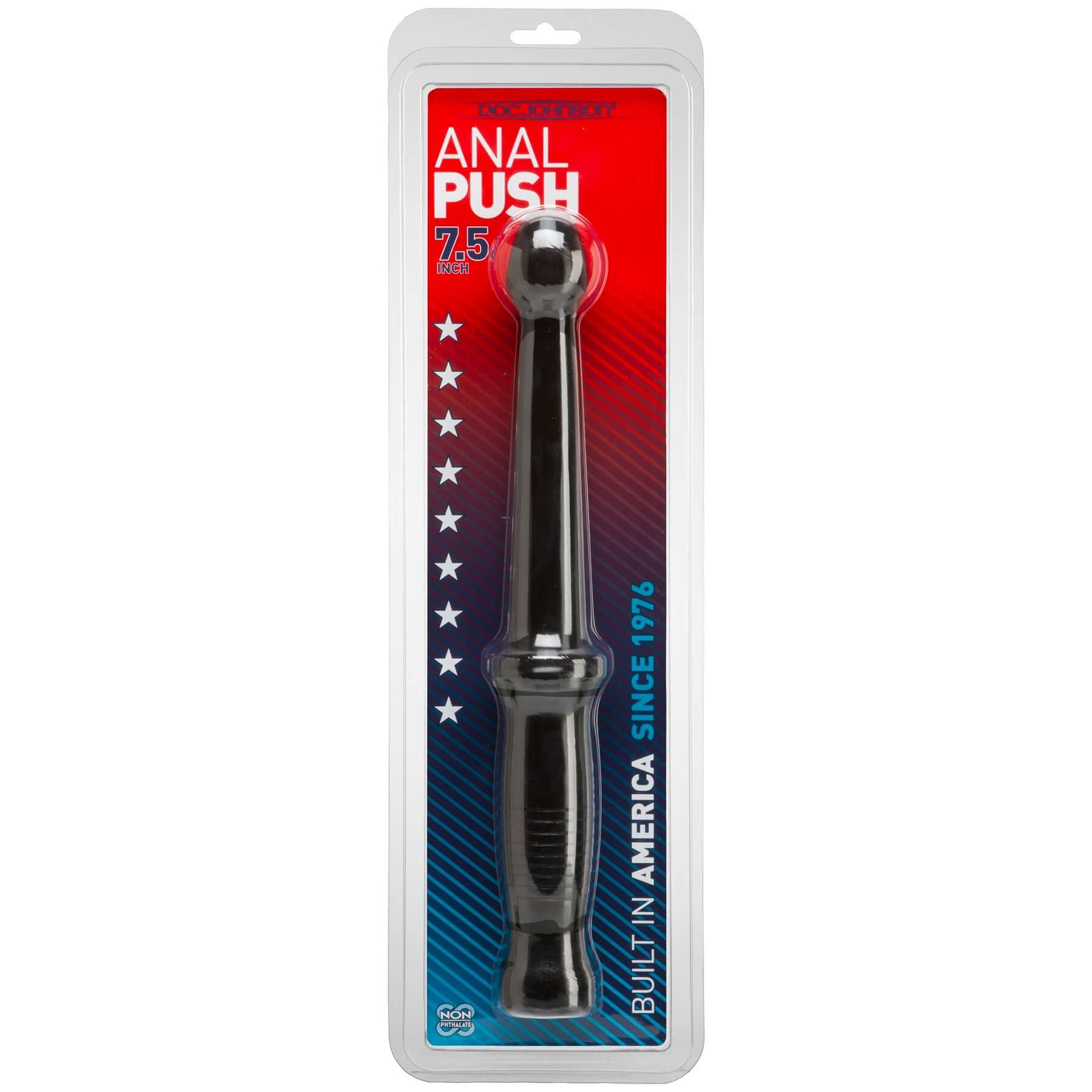 Anal Push - Black PVC anal probe with phallic head and baton handle in packaging, 7.5 inch, made from non-phthalate body safe material.