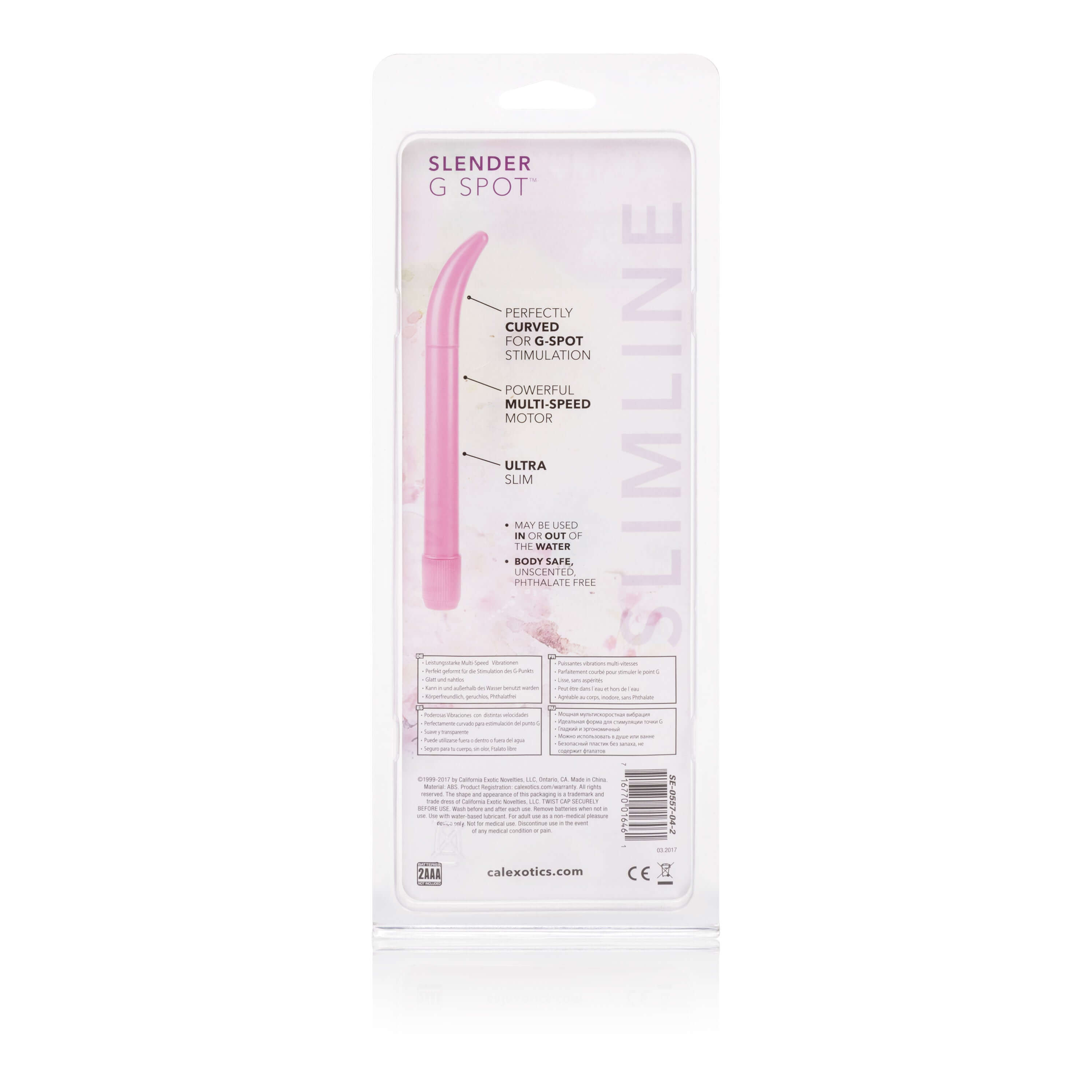 Slender G-Spot 7 Inches Massager Pink packaging featuring a multi-speed motor and curved design for G-spot stimulation.