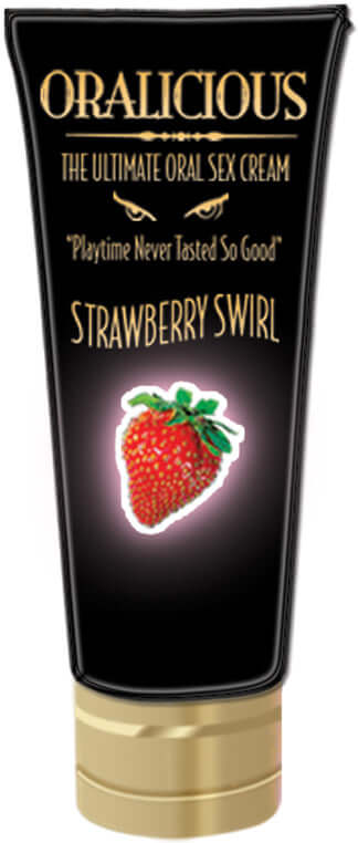 Oralicious Oral Sex Cream Strawberry Swirl 2 Oz tube with strawberry graphic and enticing tagline for intimate pleasure.