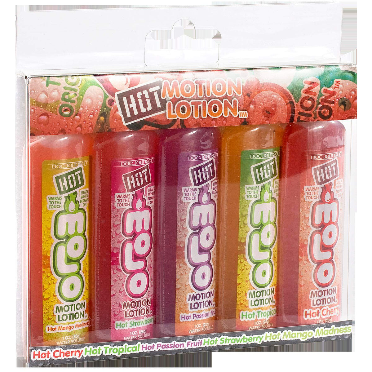 Hot Motion Lotion Flavored Water Based Lubricant 1 Oz 5 Pack displayed in packaging with assorted flavors.
