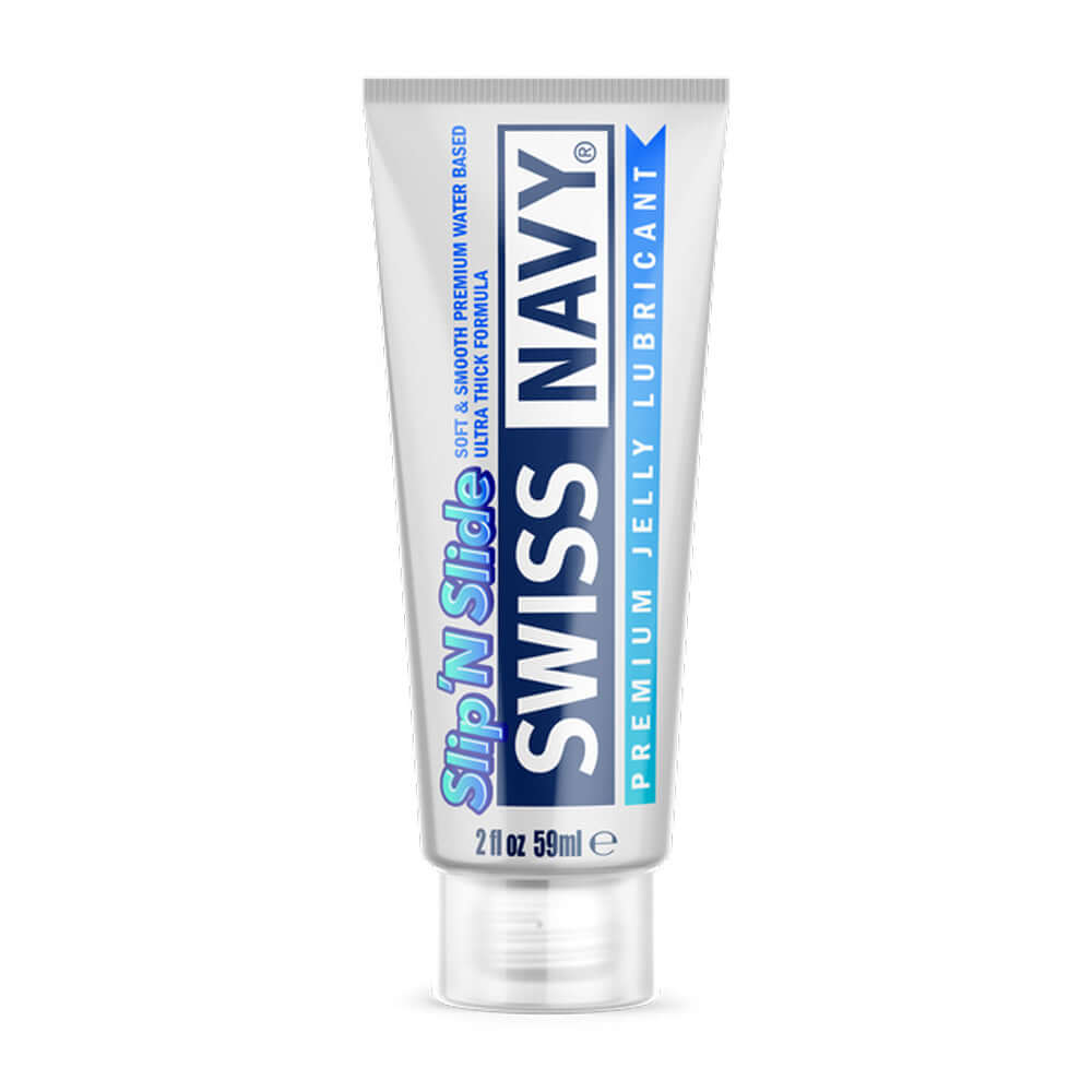 Swiss Navy Slip N Slide Premium Jelly Lubricant 2 Oz tube for smooth and long-lasting comfort during intimate activities.