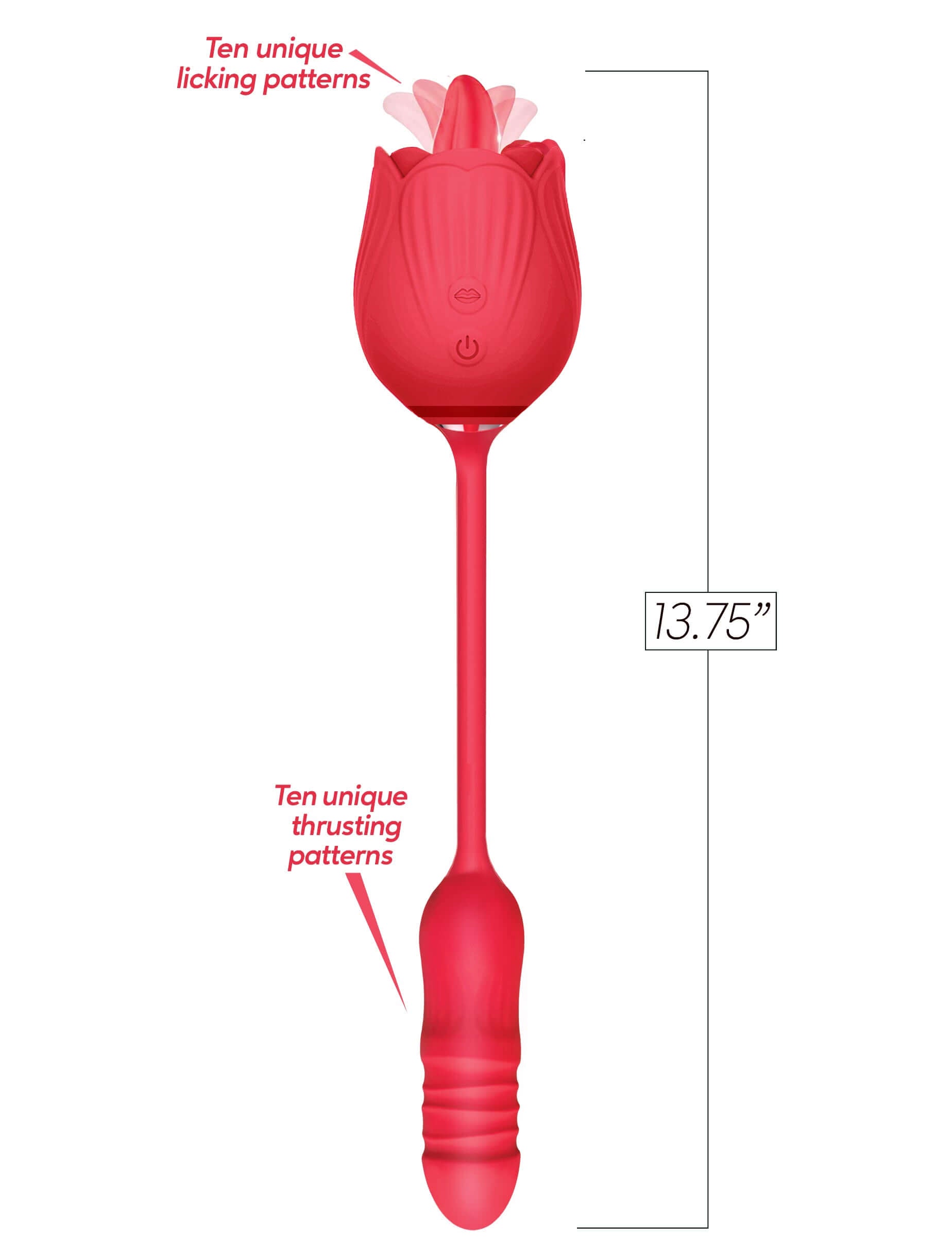 Wild Rose Tonguing Thrusting toy in red with 10 unique licking and thrusting patterns, measuring 13.75 inches.