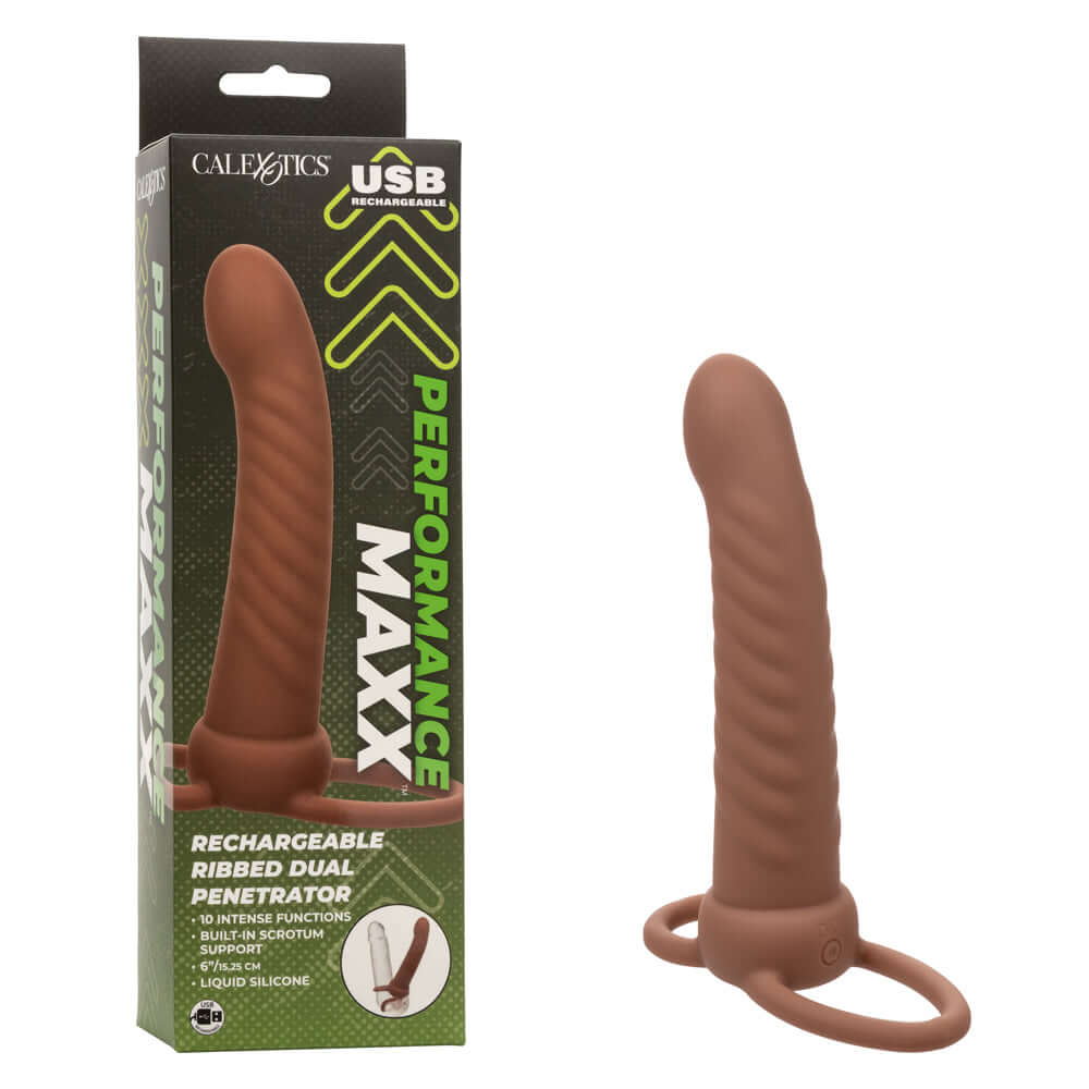 Performance Maxx Rechargeable Ribbed Dual Penetrator in brown with box packaging