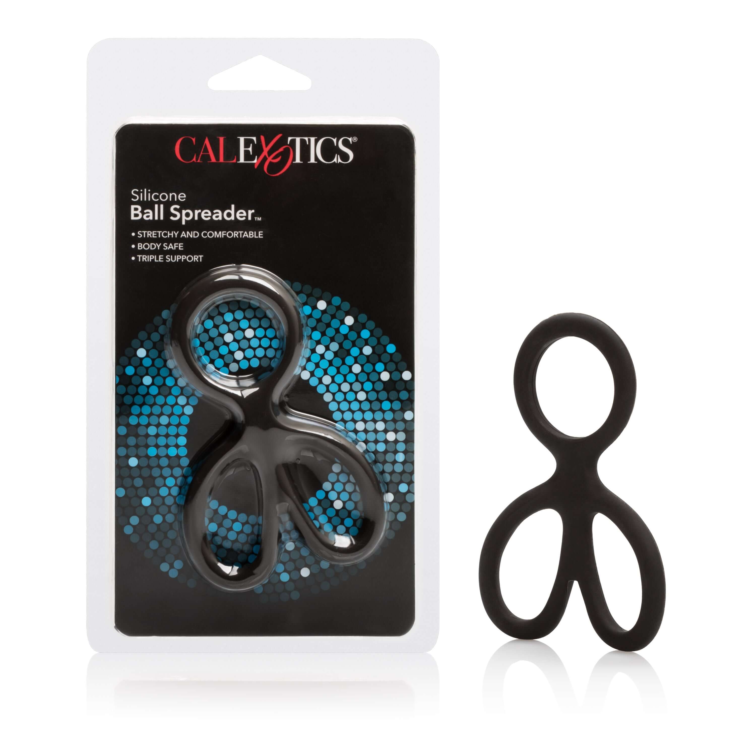 Silicone Ball Spreader Cock Ring Black in packaging and product displayed, designed for comfort and support.