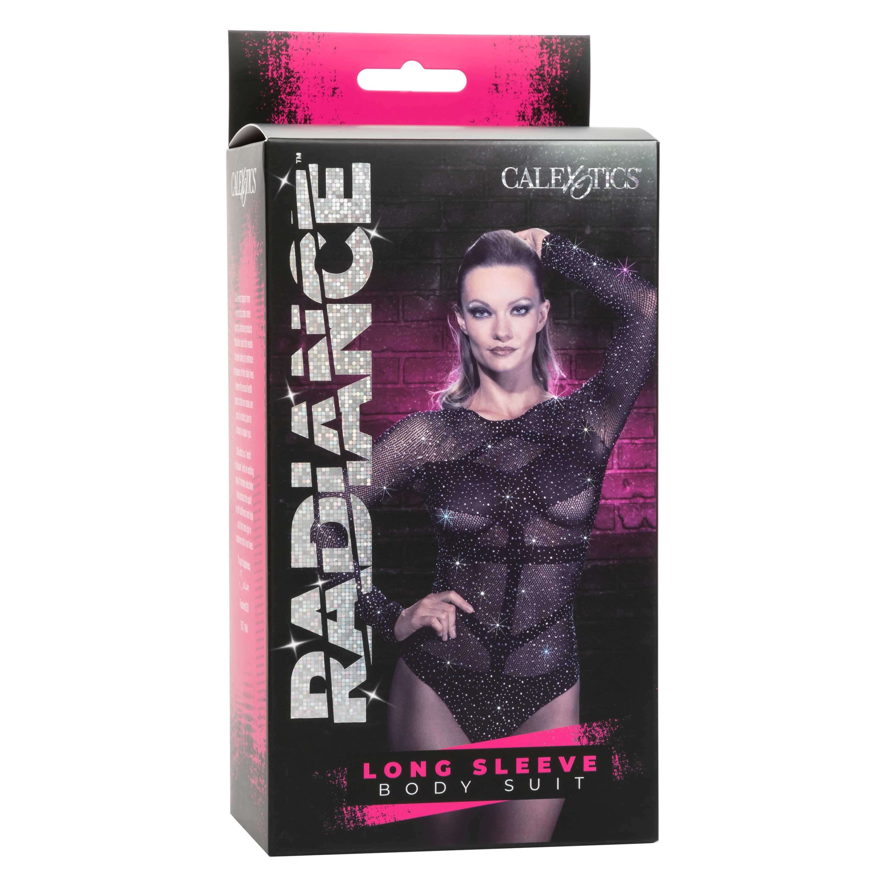 Radiance Long Sleeve Body Suit One Size Black product packaging featuring model wearing the bodysuit.