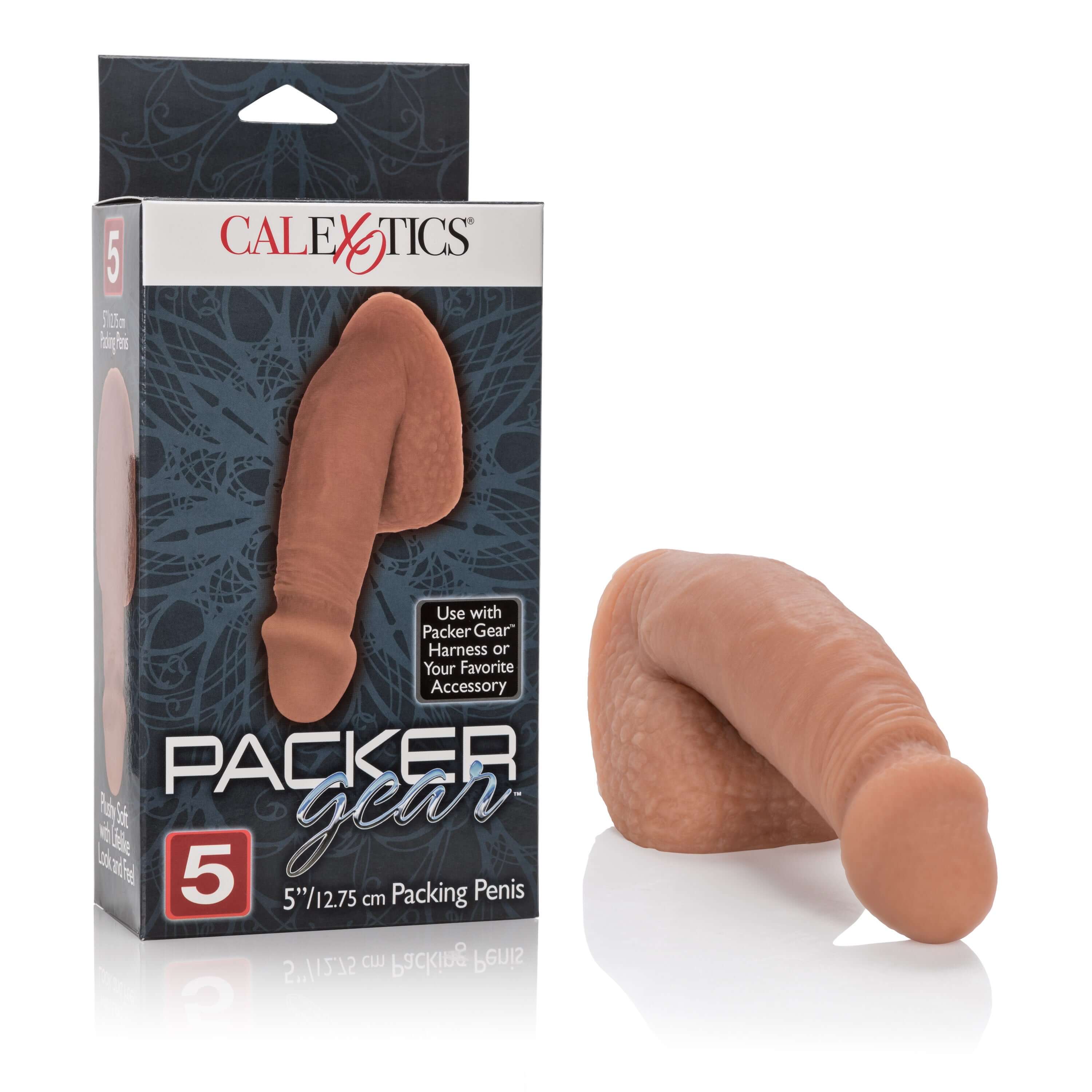 Packer Gear Packing Penis 5 Inch Brown in packaging, designed for a natural look and comfortable wear.
