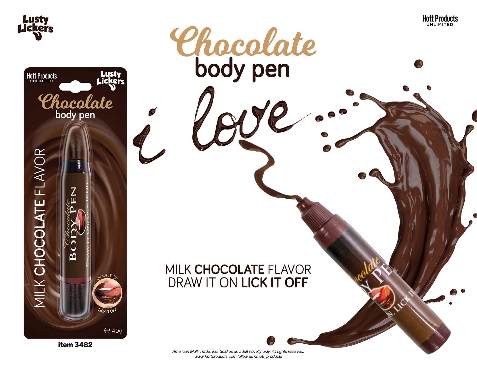 Milk Chocolate Body Pen for Sensual Play with packaging displaying chocolate flavor and romantic text.