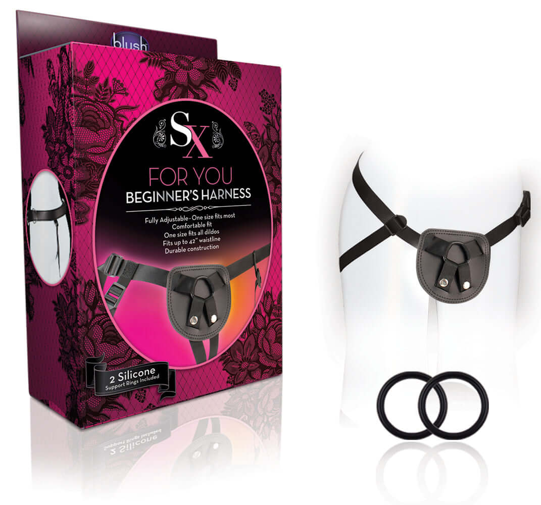 SX For You Beginners Harness Black packaging and harness with adjustable straps and silicone rings.