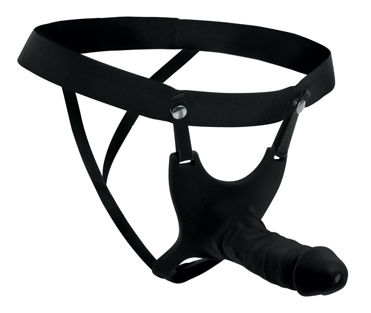 Black hollow silicone dildo strap-on harness with stability strap.