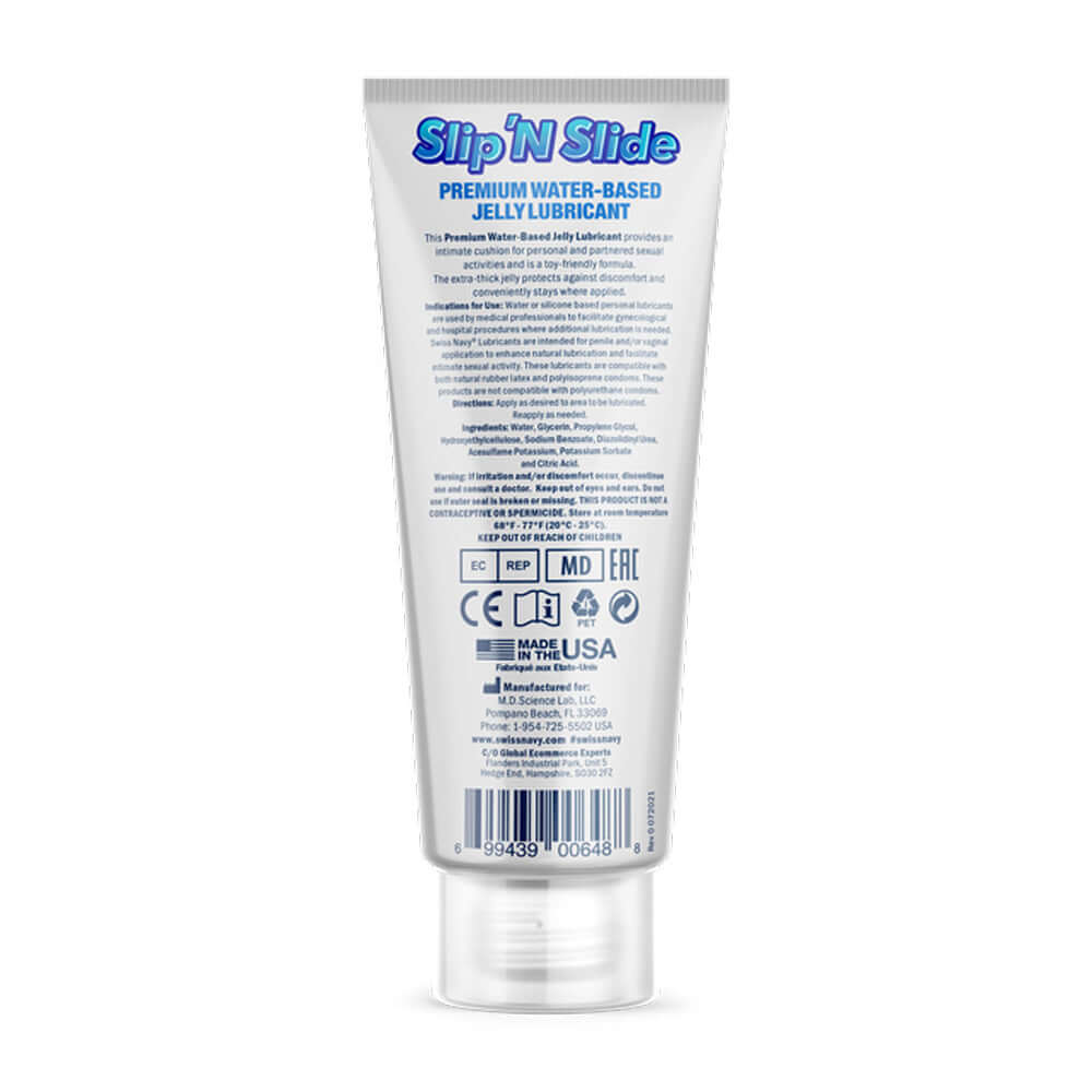 Swiss Navy Slip N Slide Premium Jelly Lubricant 2 Oz tube, water-based, designed for smooth glide and comfort.